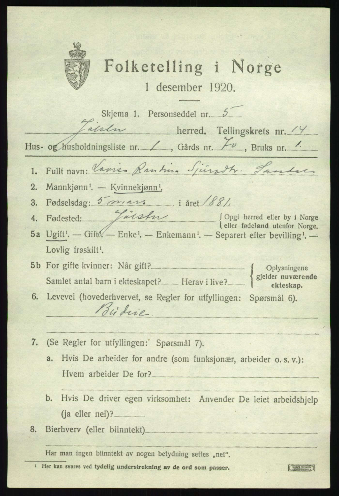 SAB, 1920 census for Jølster, 1920, p. 6462