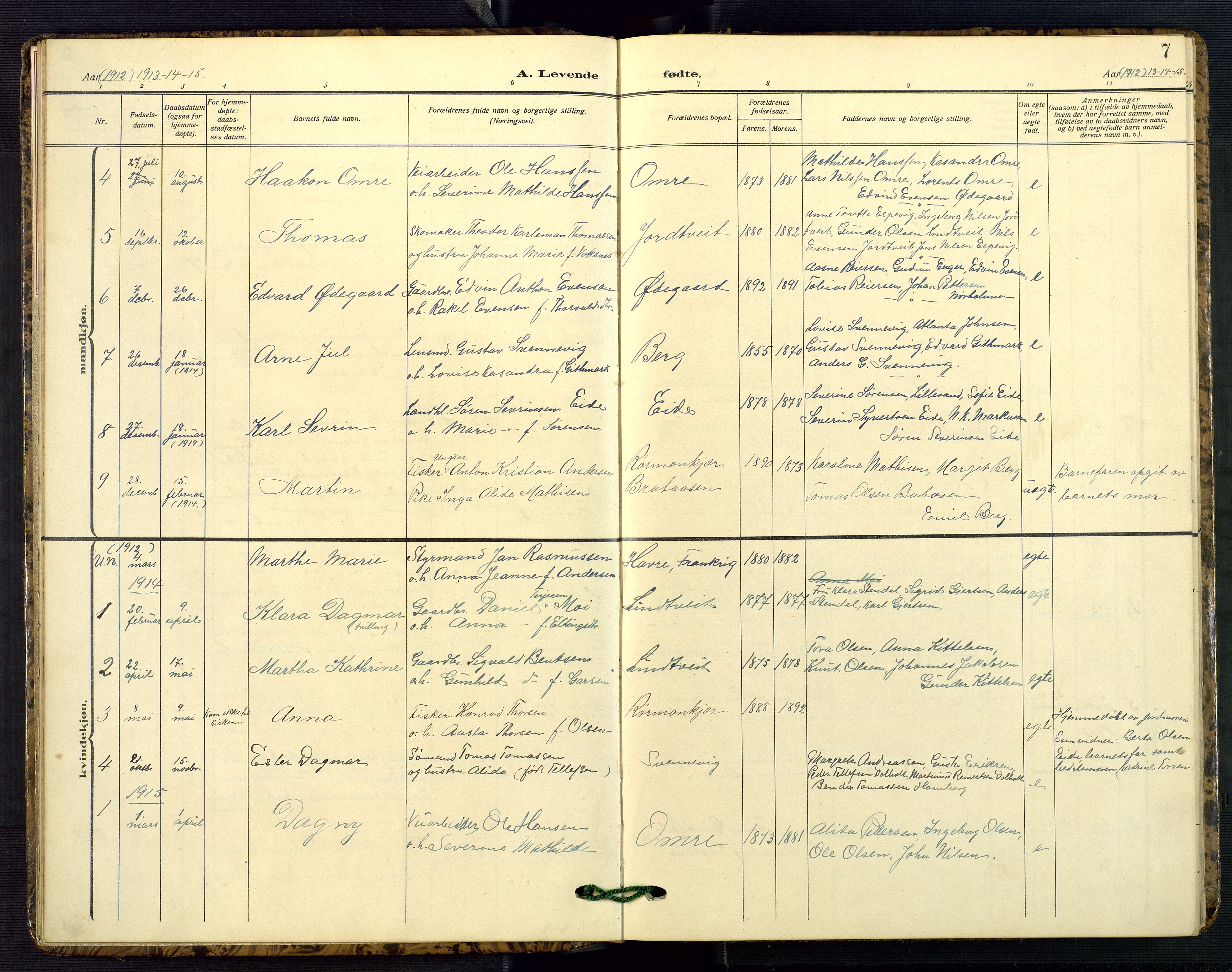 Hommedal sokneprestkontor, SAK/1111-0023/F/Fb/Fba/L0005: Parish register (copy) no. B 5, 1909-1957, p. 7