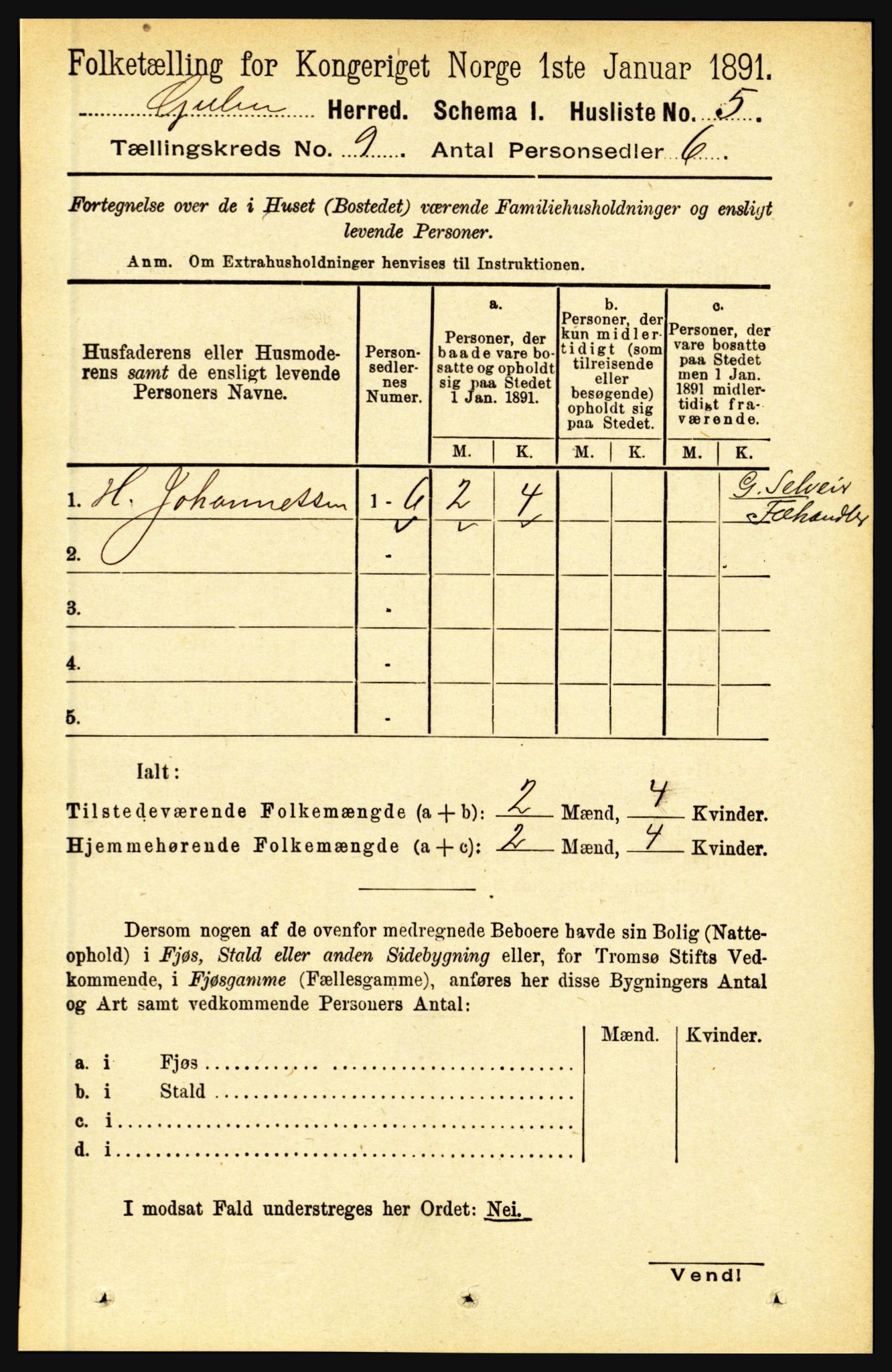 RA, 1891 census for 1411 Gulen, 1891, p. 2709