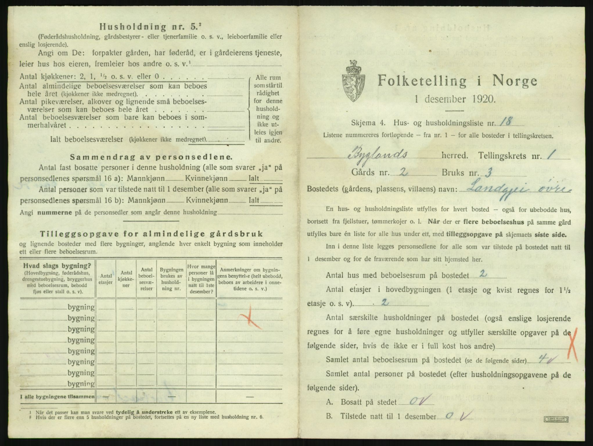 SAK, 1920 census for Bygland, 1920, p. 95