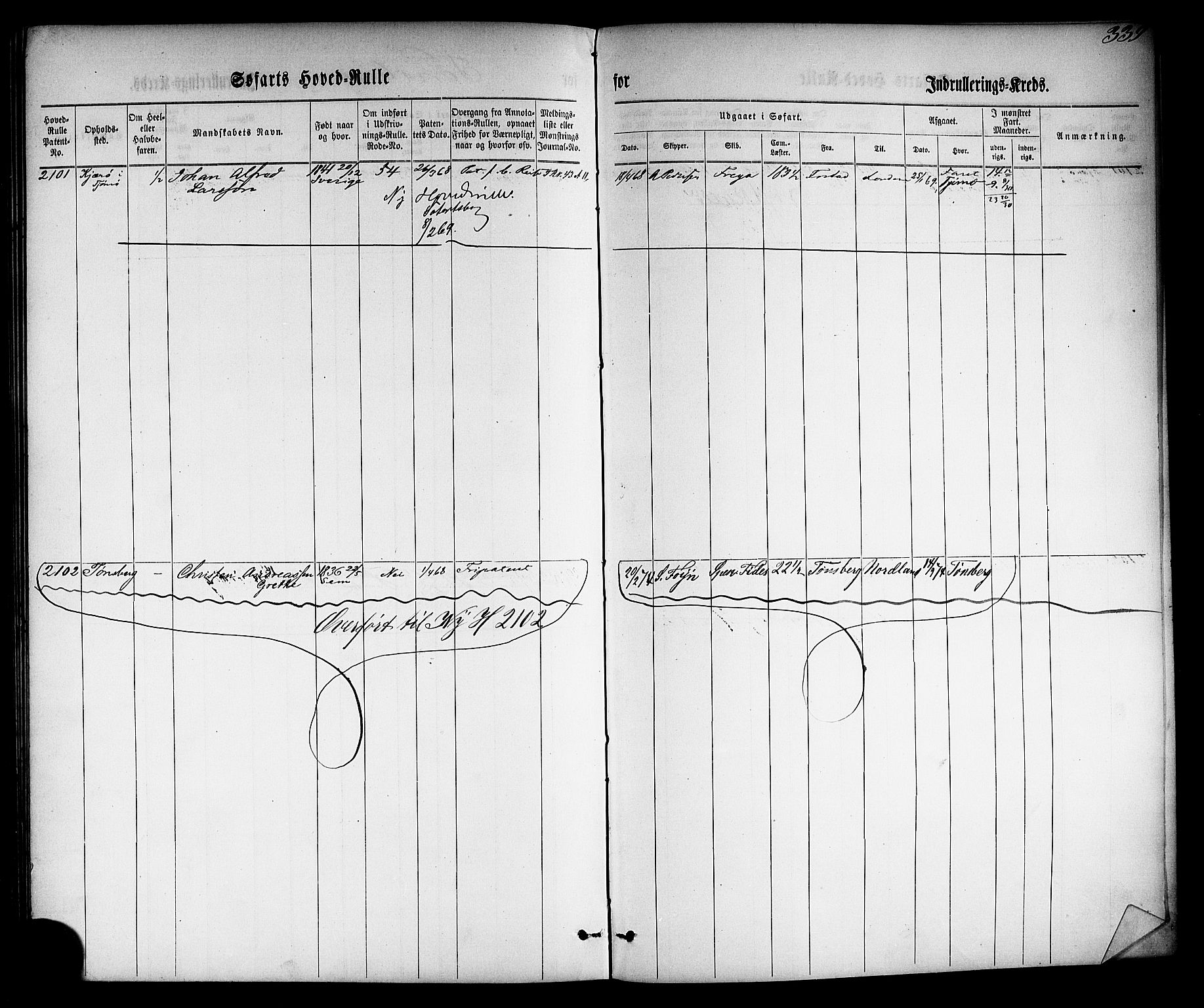 Tønsberg innrulleringskontor, SAKO/A-786/F/Fc/Fca/L0002: Hovedrulle Patent nr. 1429-2133, 1861-1868, p. 379