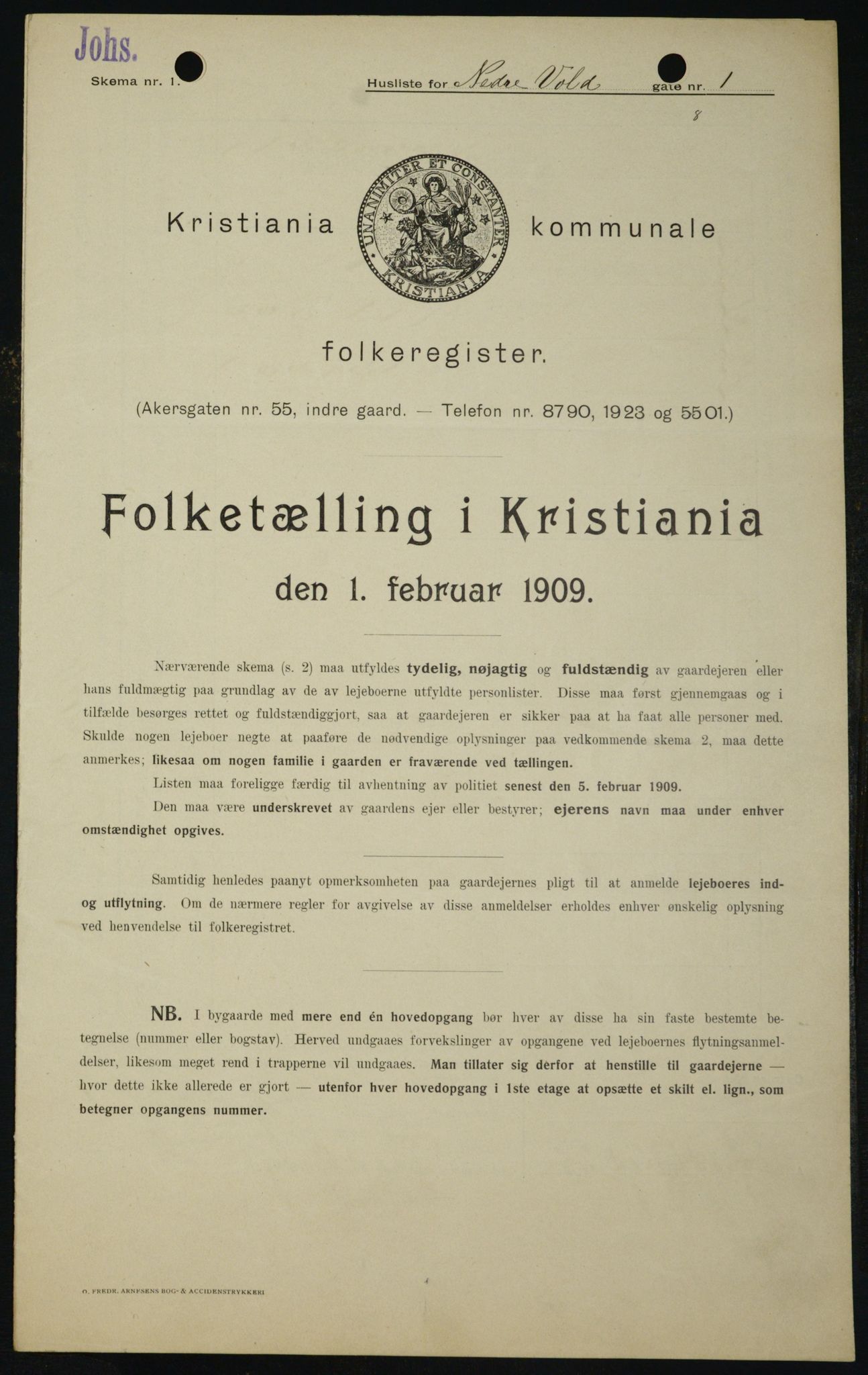 OBA, Municipal Census 1909 for Kristiania, 1909, p. 63054