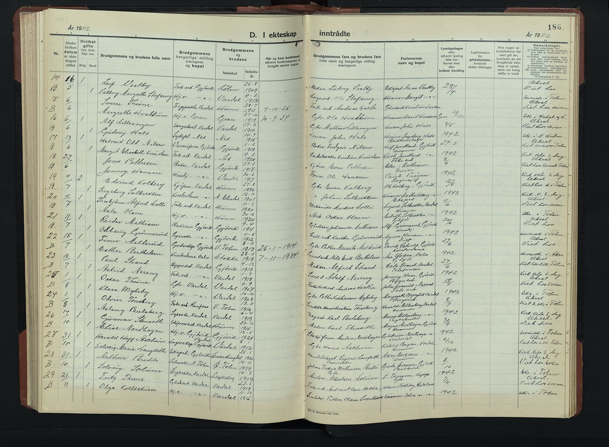 Vardal prestekontor, SAH/PREST-100/H/Ha/Hab/L0019: Parish register (copy) no. 19, 1941-1951, p. 186