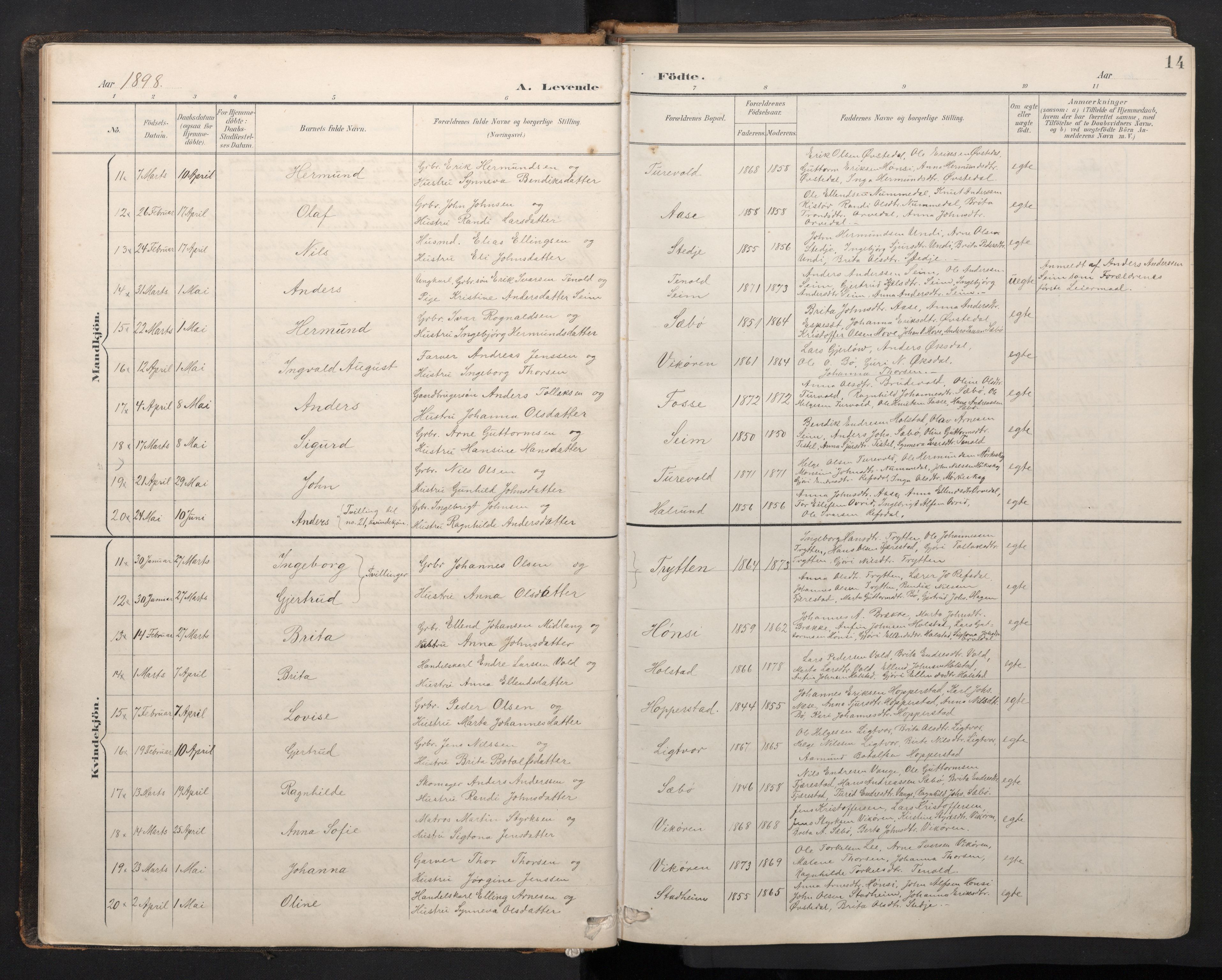 Vik sokneprestembete, AV/SAB-A-81501/H/Hab/Haba/L0004: Parish register (copy) no. A 4, 1895-1914, p. 13b-14a