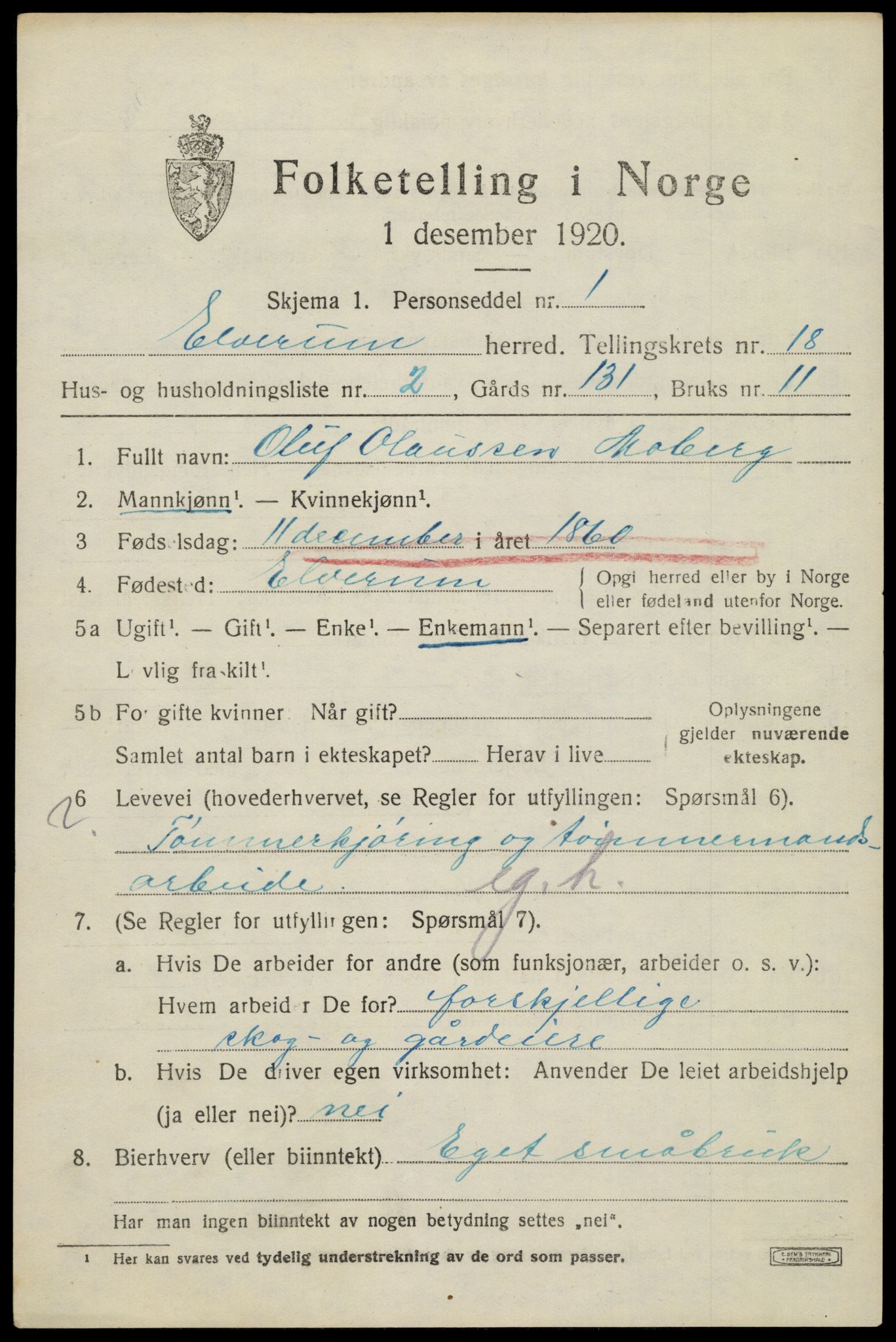 SAH, 1920 census for Elverum, 1920, p. 22092