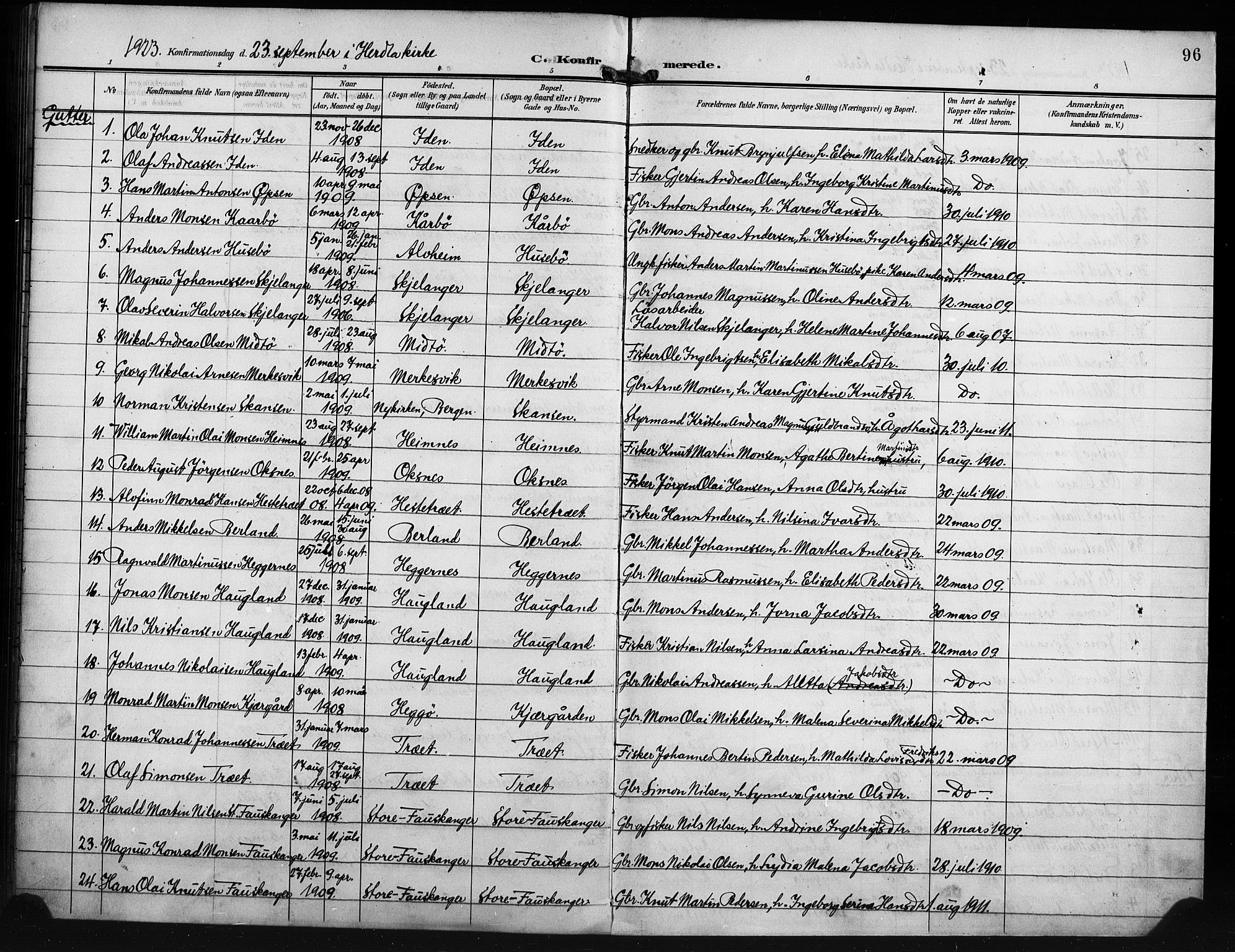 Herdla Sokneprestembete, AV/SAB-A-75701/H/Hab: Parish register (copy) no. A 4, 1902-1923, p. 96