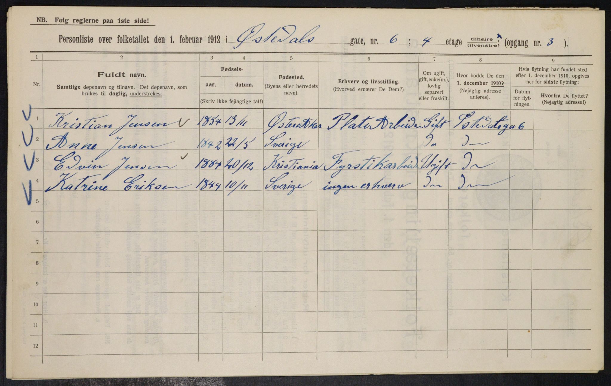 OBA, Municipal Census 1912 for Kristiania, 1912, p. 129052