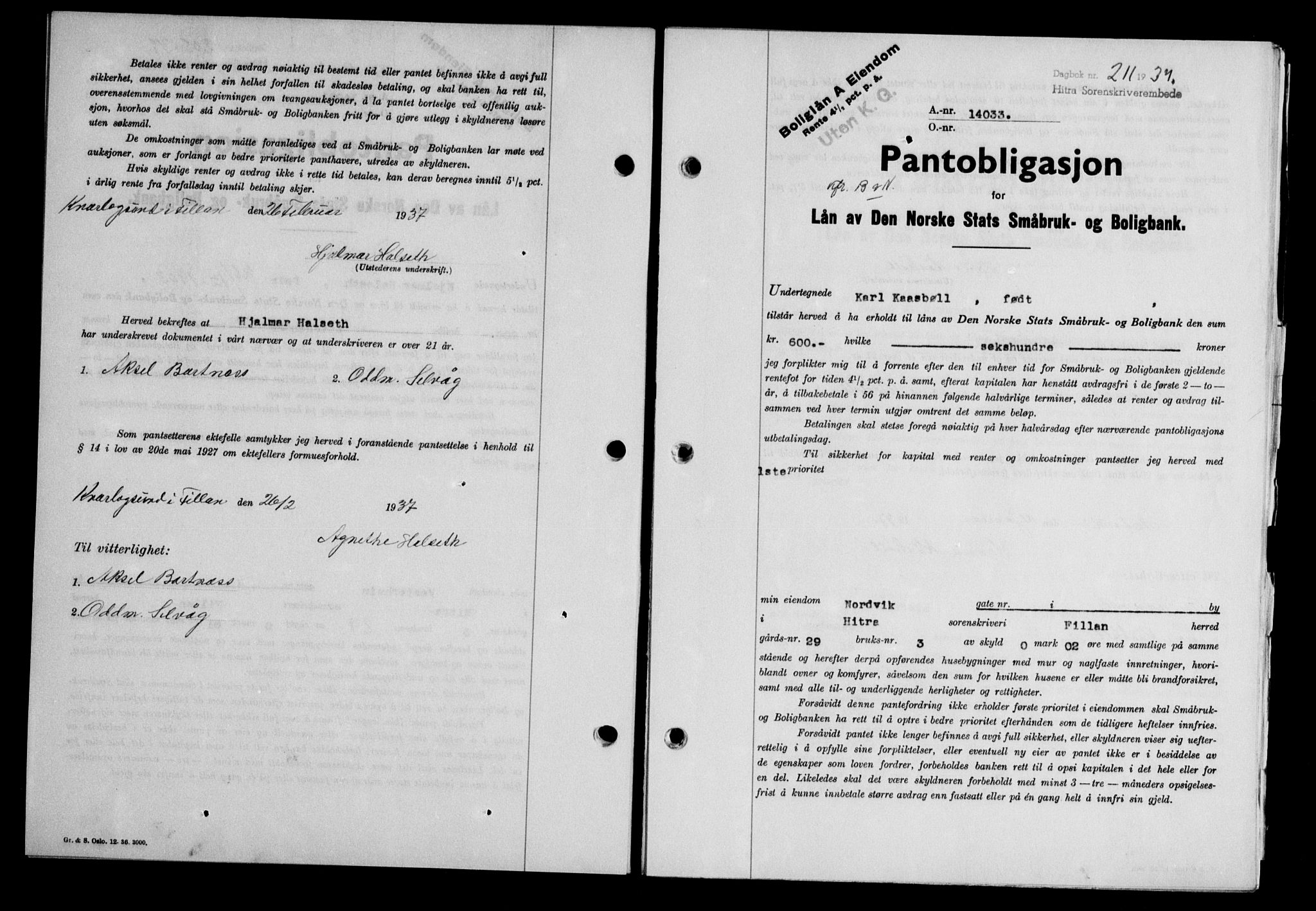 Hitra sorenskriveri, AV/SAT-A-0018/2/2C/2Ca/L0028: Mortgage book no. B-1, 1936-1939, Diary no: : 211/1937