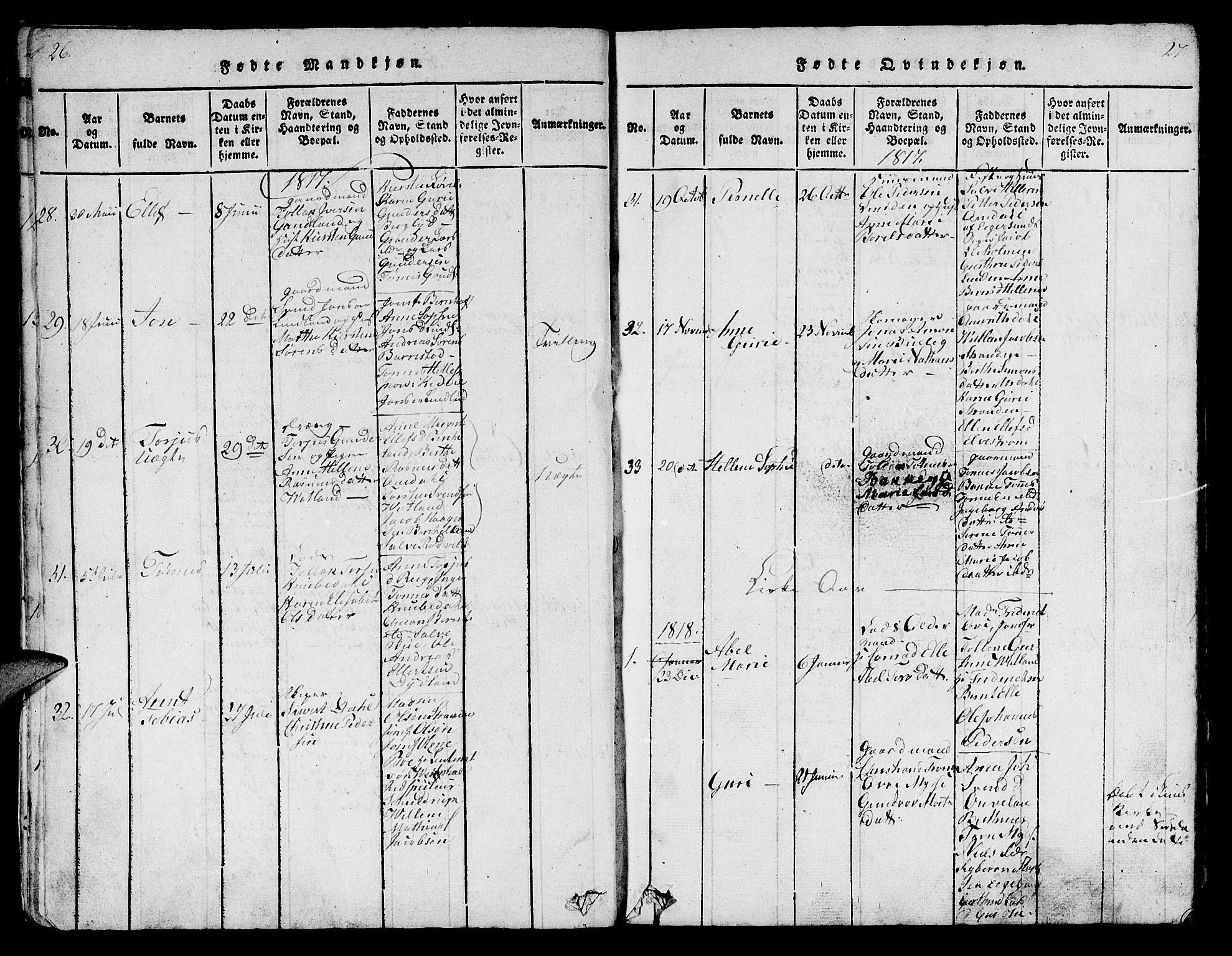 Sokndal sokneprestkontor, SAST/A-101808: Parish register (copy) no. B 1, 1815-1848, p. 26-27