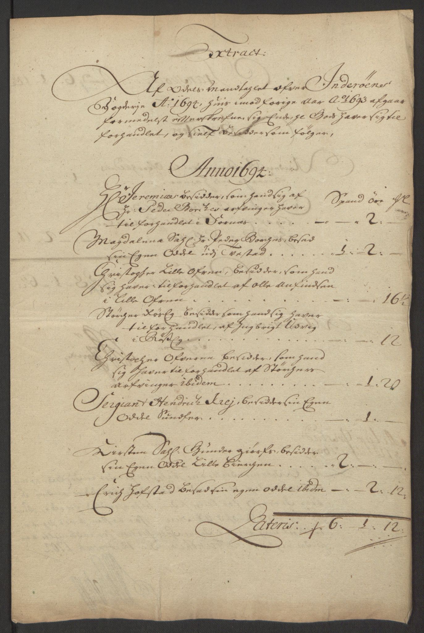 Rentekammeret inntil 1814, Reviderte regnskaper, Fogderegnskap, AV/RA-EA-4092/R63/L4309: Fogderegnskap Inderøy, 1695-1697, p. 111