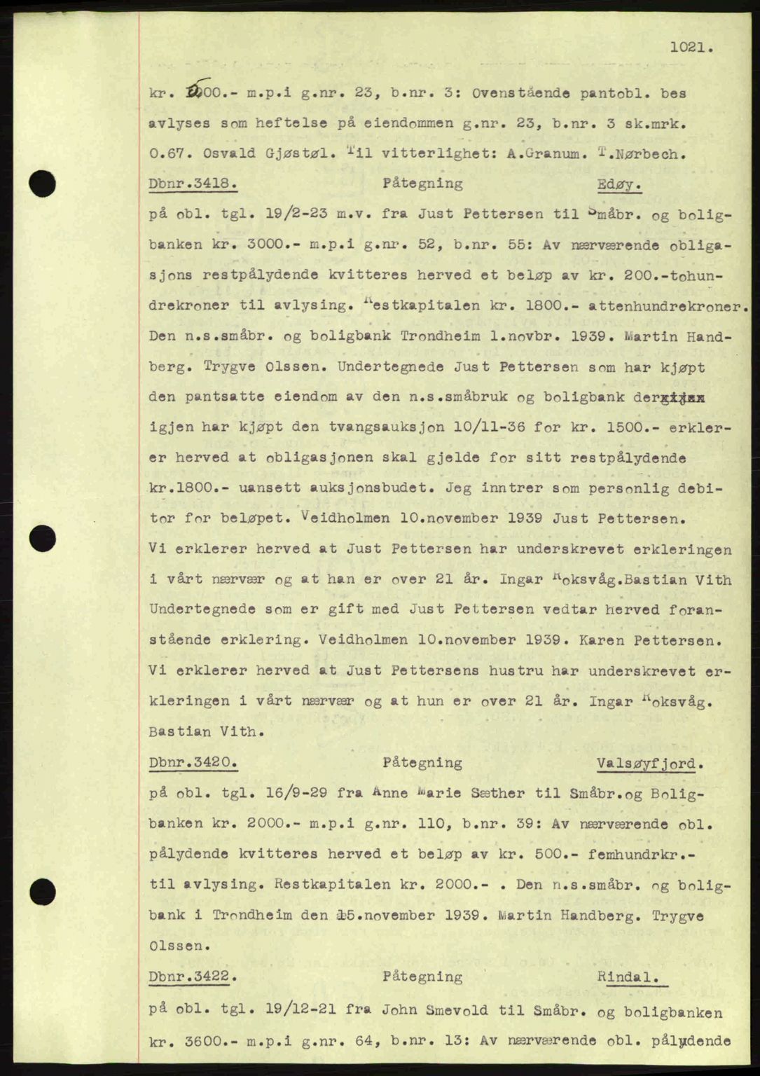 Nordmøre sorenskriveri, AV/SAT-A-4132/1/2/2Ca: Mortgage book no. C80, 1936-1939, Diary no: : 3418/1939