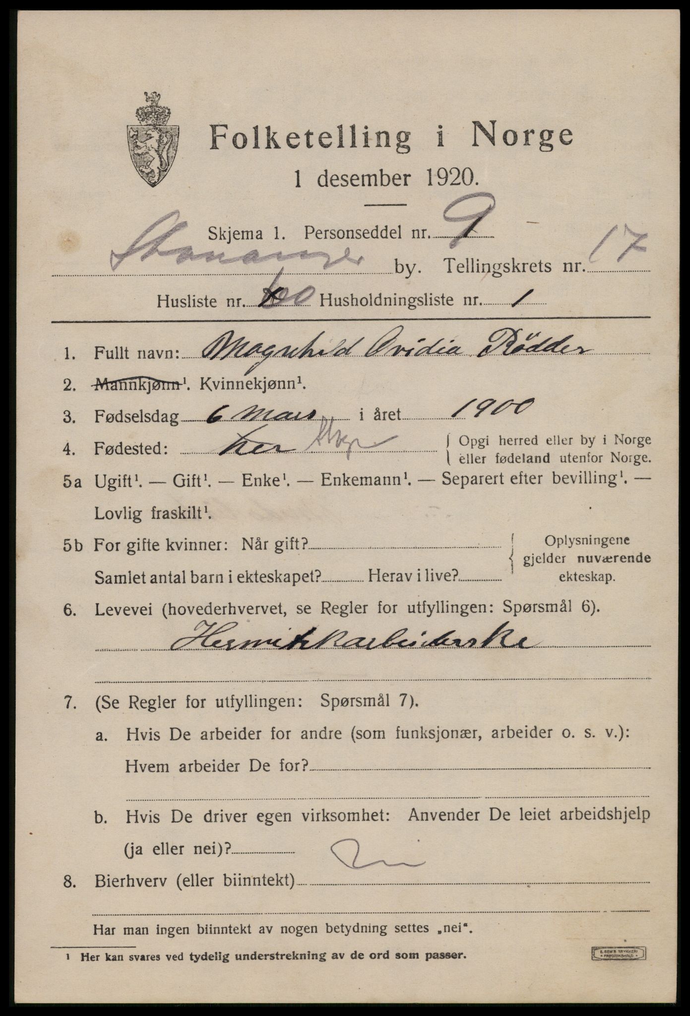 SAST, 1920 census for Stavanger, 1920, p. 66082