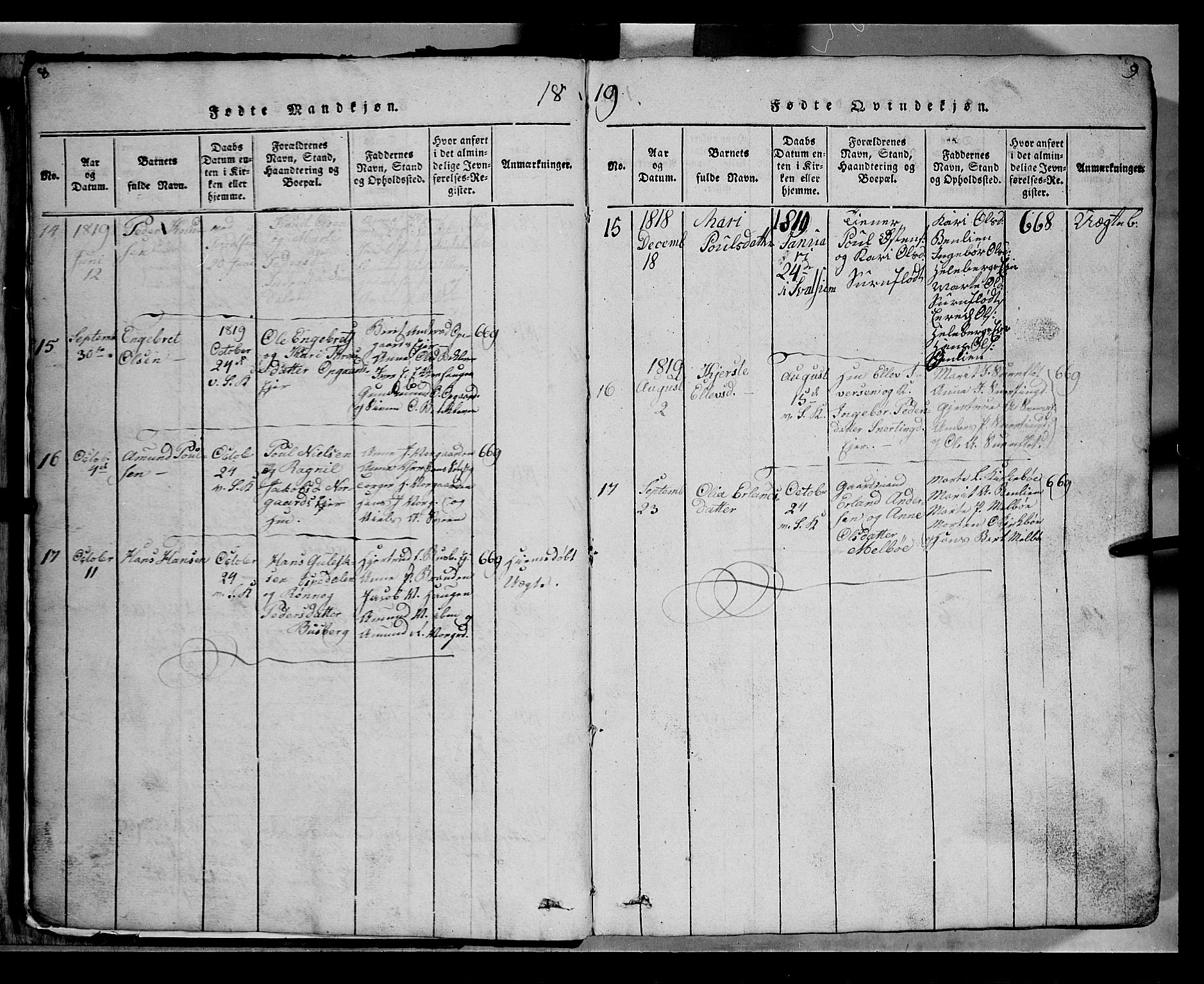 Gausdal prestekontor, SAH/PREST-090/H/Ha/Hab/L0002: Parish register (copy) no. 2, 1818-1874, p. 8-9