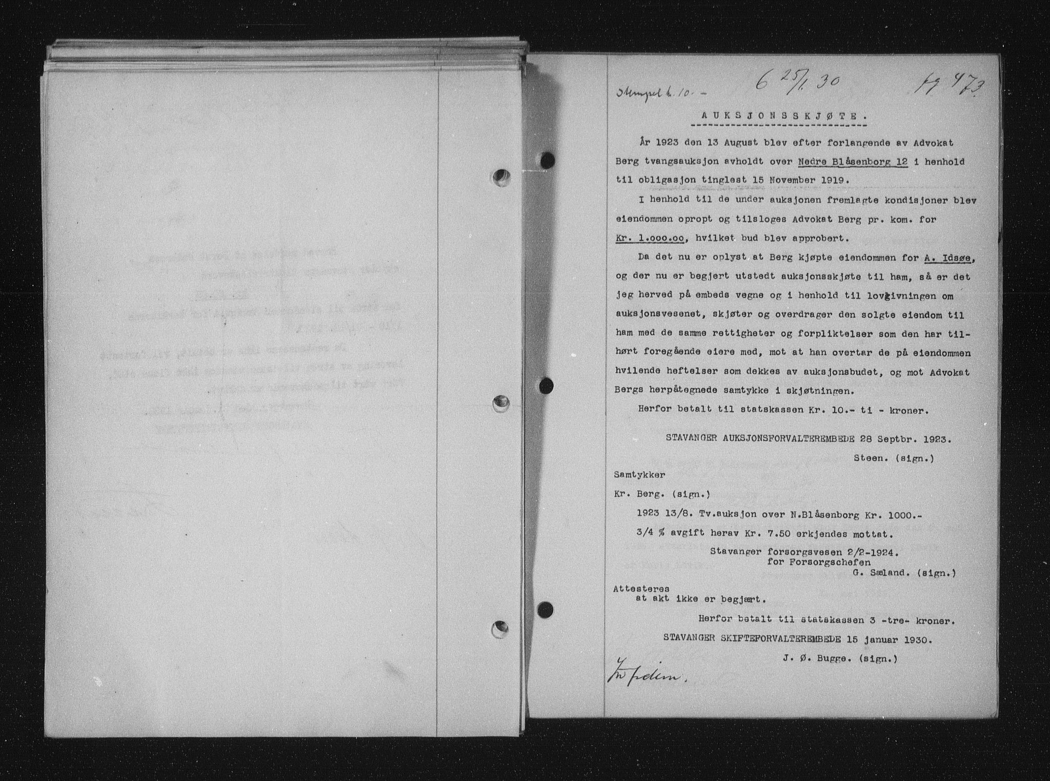 Stavanger byfogd, AV/SAST-A-101408/001/4/41/410/410BB/L0056: Mortgage book no. 44, 1929-1930, Deed date: 25.01.1930