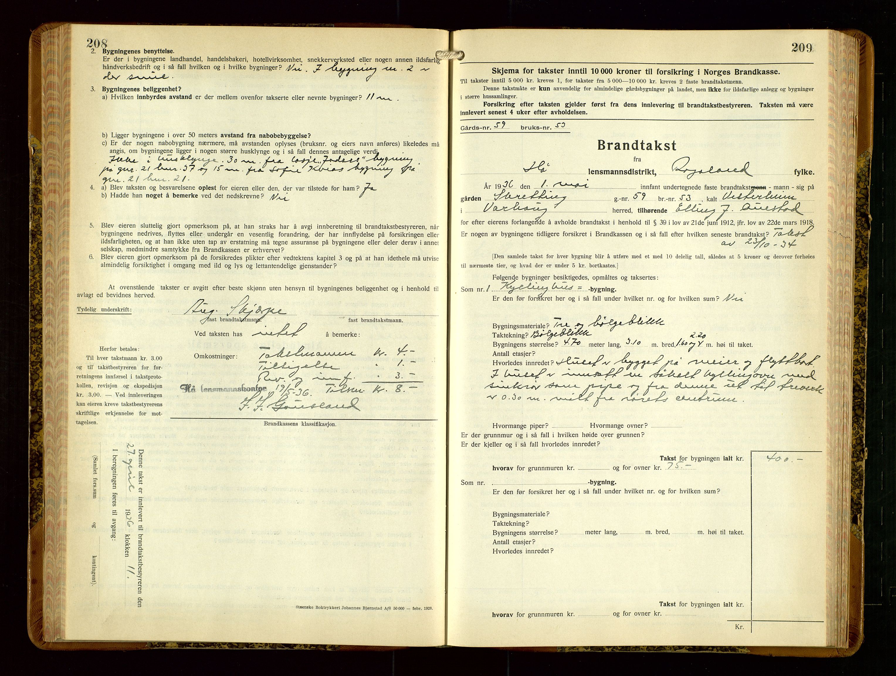Hå lensmannskontor, AV/SAST-A-100456/Goa/L0006: Takstprotokoll (skjema), 1932-1938, p. 208-209