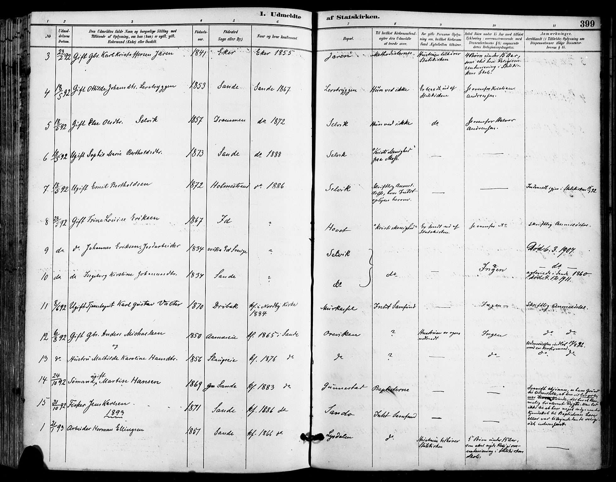 Sande Kirkebøker, AV/SAKO-A-53/F/Fa/L0007: Parish register (official) no. 7, 1888-1903, p. 399