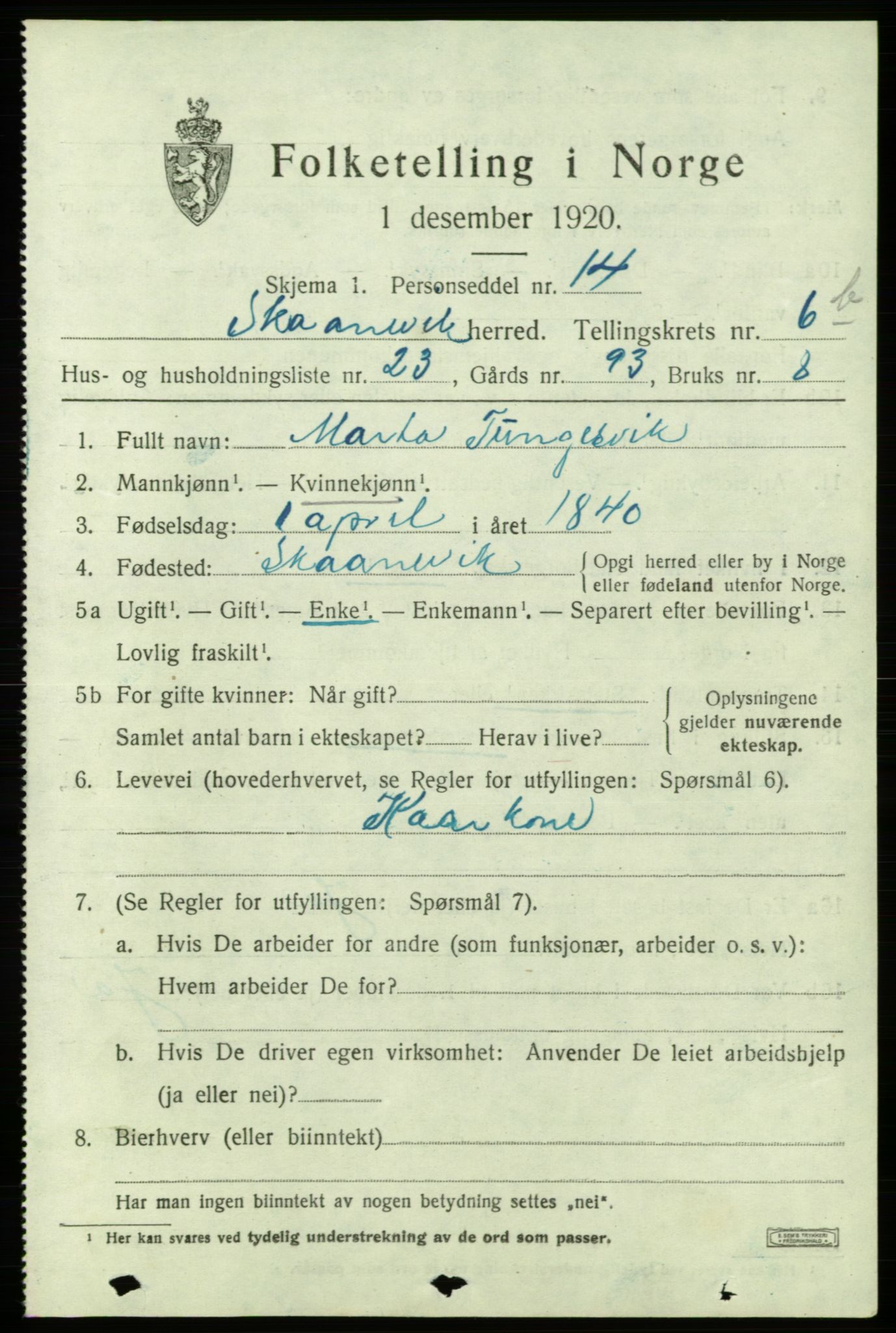 SAB, 1920 census for Skånevik, 1920, p. 4355