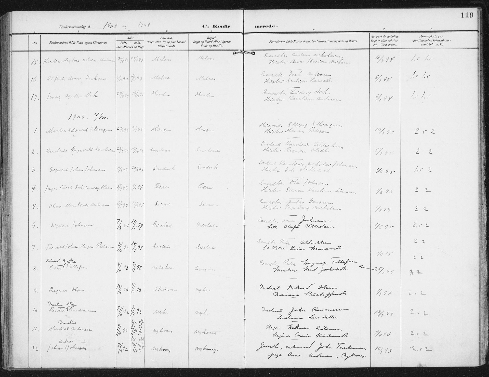 Ministerialprotokoller, klokkerbøker og fødselsregistre - Nordland, SAT/A-1459/892/L1321: Parish register (official) no. 892A02, 1902-1918, p. 119