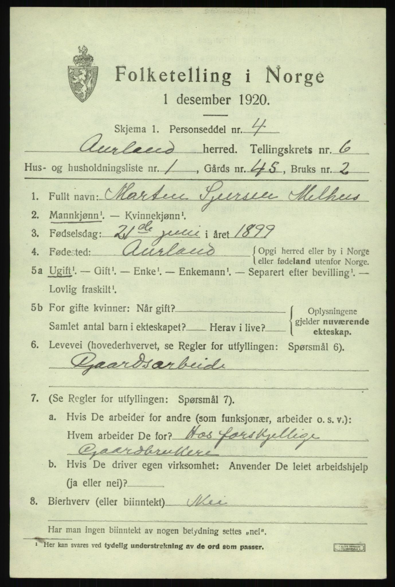 SAB, 1920 census for Aurland, 1920, p. 3872