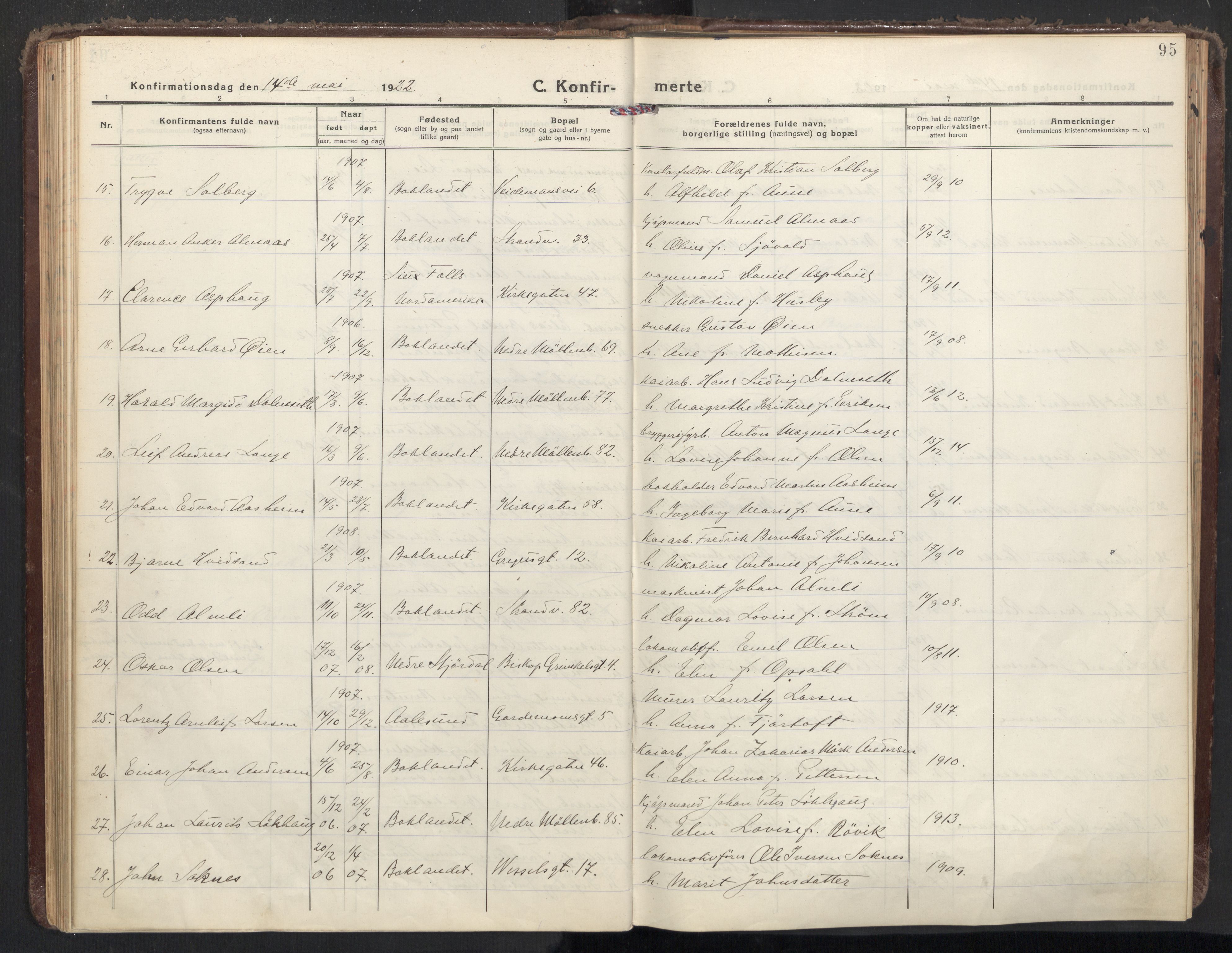 Ministerialprotokoller, klokkerbøker og fødselsregistre - Sør-Trøndelag, SAT/A-1456/605/L0247: Parish register (official) no. 605A09, 1918-1930, p. 95