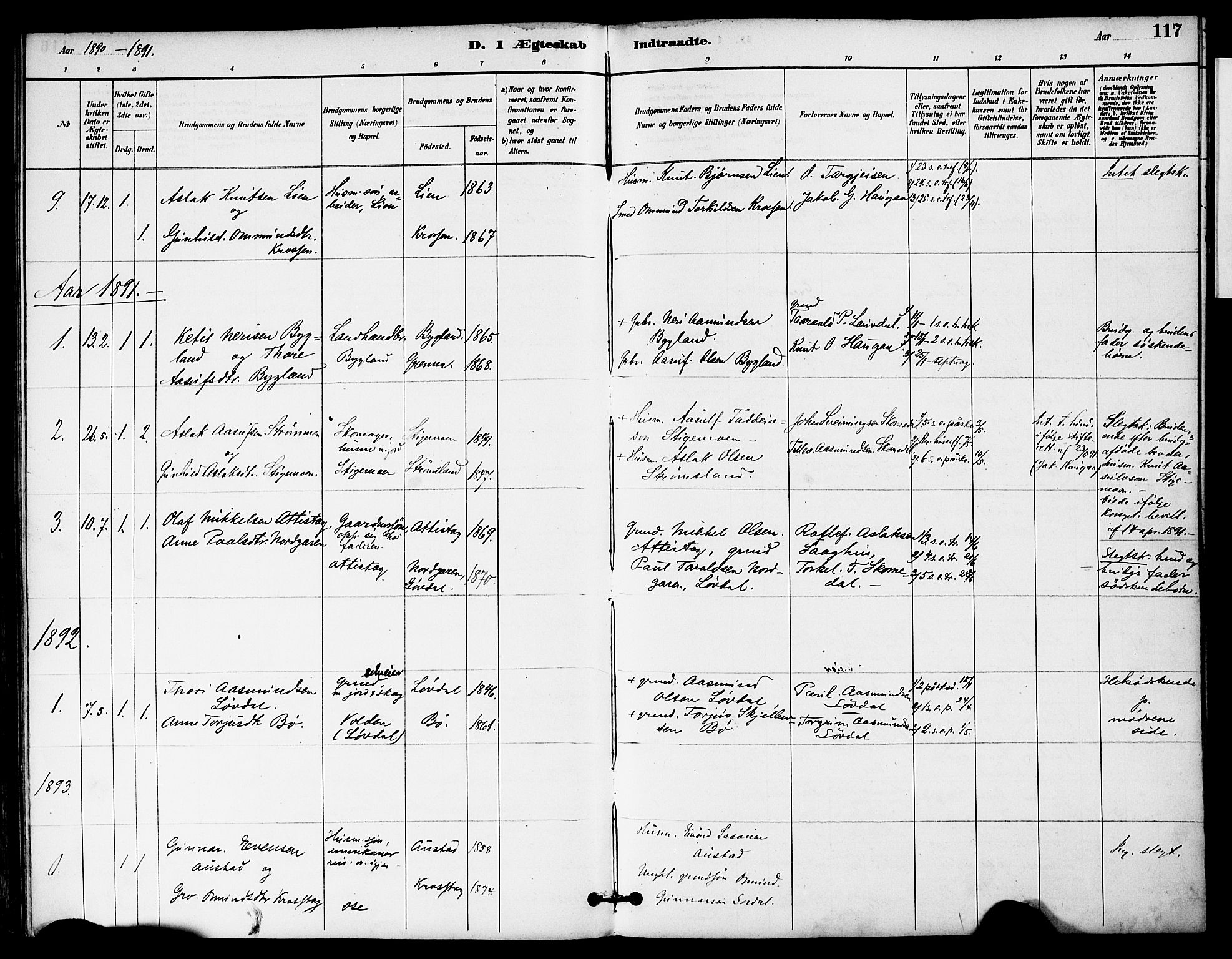 Bygland sokneprestkontor, SAK/1111-0006/F/Fa/Fab/L0007: Parish register (official) no. A 7, 1885-1909, p. 117