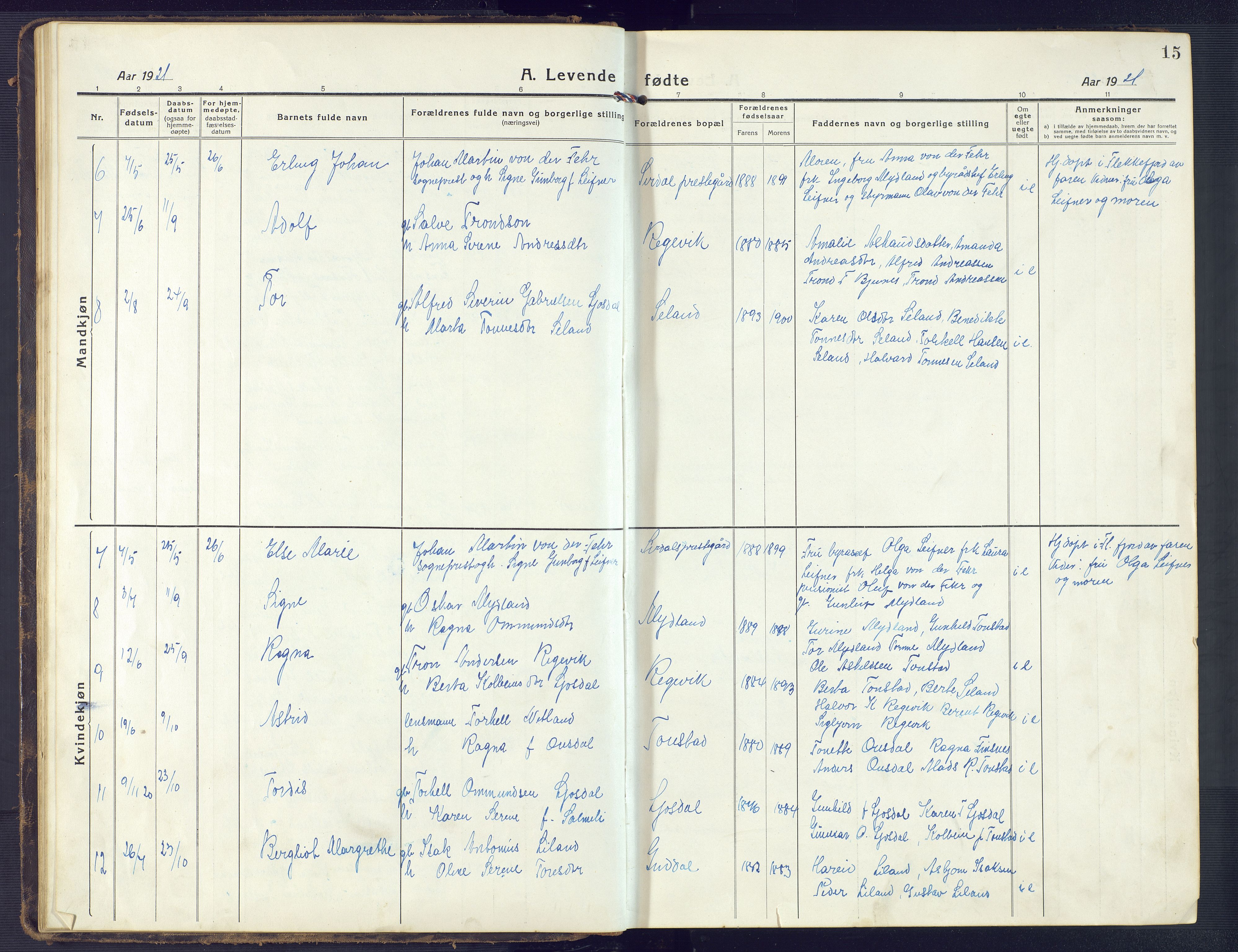 Sirdal sokneprestkontor, AV/SAK-1111-0036/F/Fb/Fbb/L0005: Parish register (copy) no. B 5, 1916-1960, p. 15