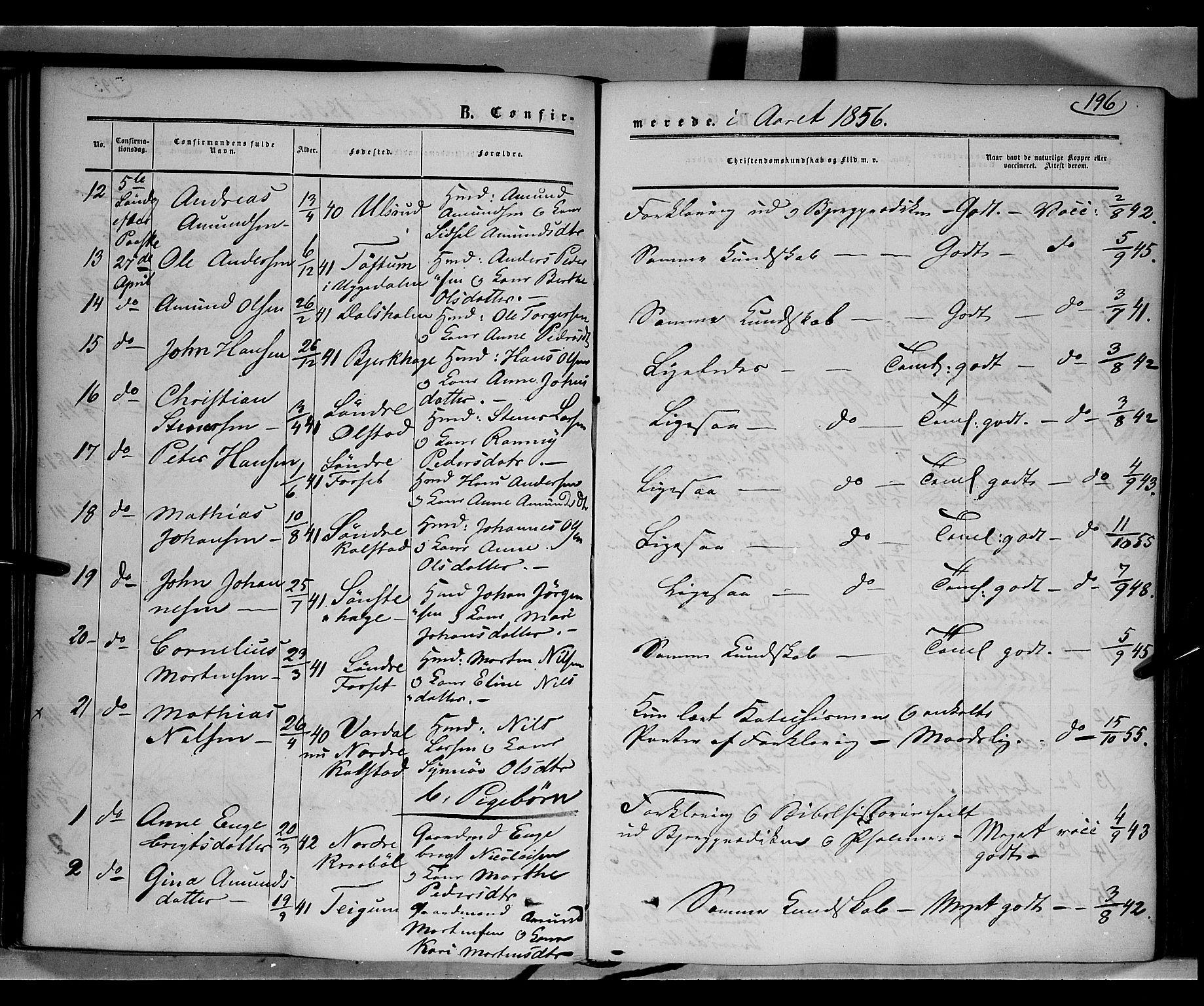 Gausdal prestekontor, SAH/PREST-090/H/Ha/Haa/L0008: Parish register (official) no. 8, 1850-1861, p. 196