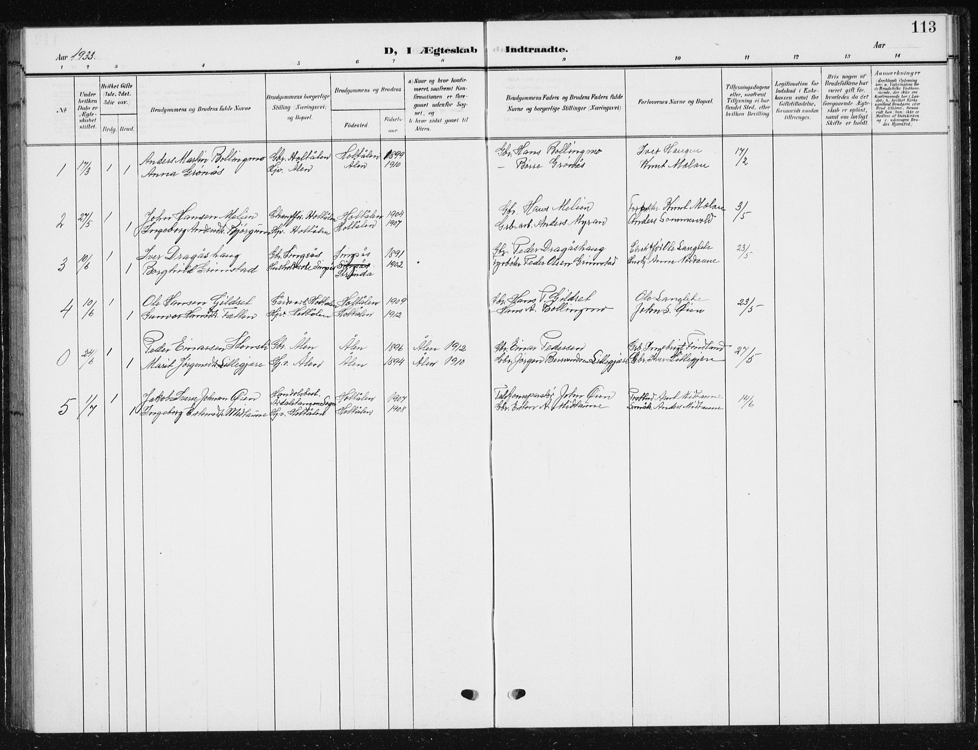 Ministerialprotokoller, klokkerbøker og fødselsregistre - Sør-Trøndelag, SAT/A-1456/685/L0979: Parish register (copy) no. 685C04, 1908-1933, p. 113