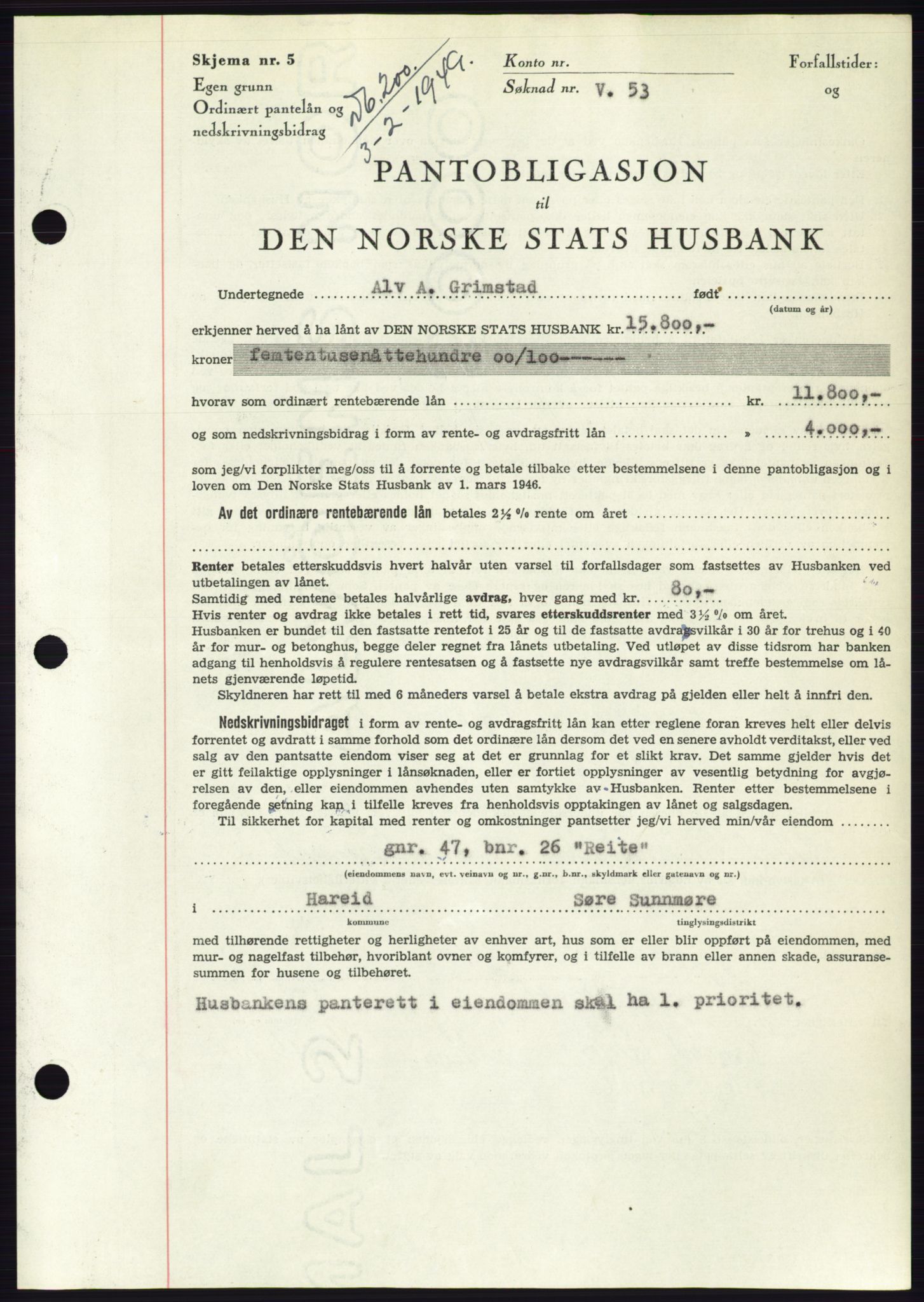 Søre Sunnmøre sorenskriveri, AV/SAT-A-4122/1/2/2C/L0116: Mortgage book no. 4B, 1948-1949, Diary no: : 200/1949