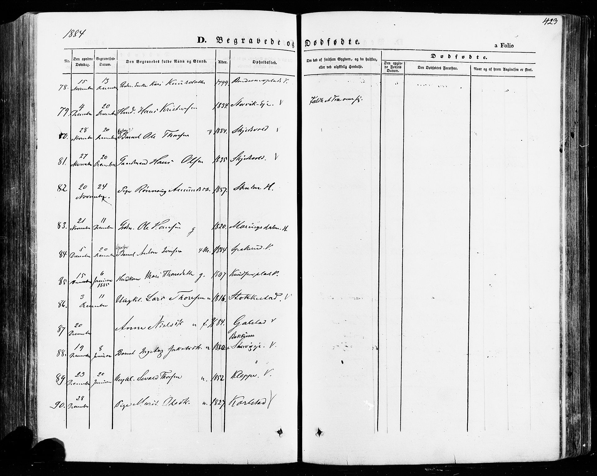 Vågå prestekontor, SAH/PREST-076/H/Ha/Haa/L0007: Parish register (official) no. 7 /1, 1872-1886, p. 423