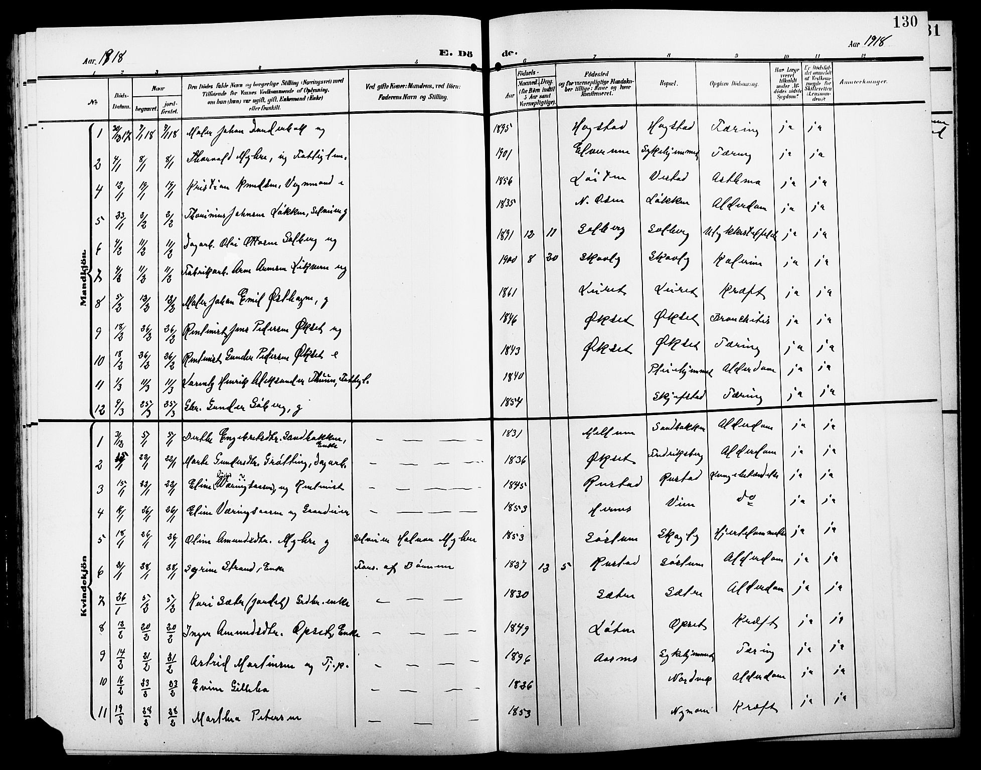 Elverum prestekontor, AV/SAH-PREST-044/H/Ha/Hab/L0009: Parish register (copy) no. 9, 1908-1921, p. 130