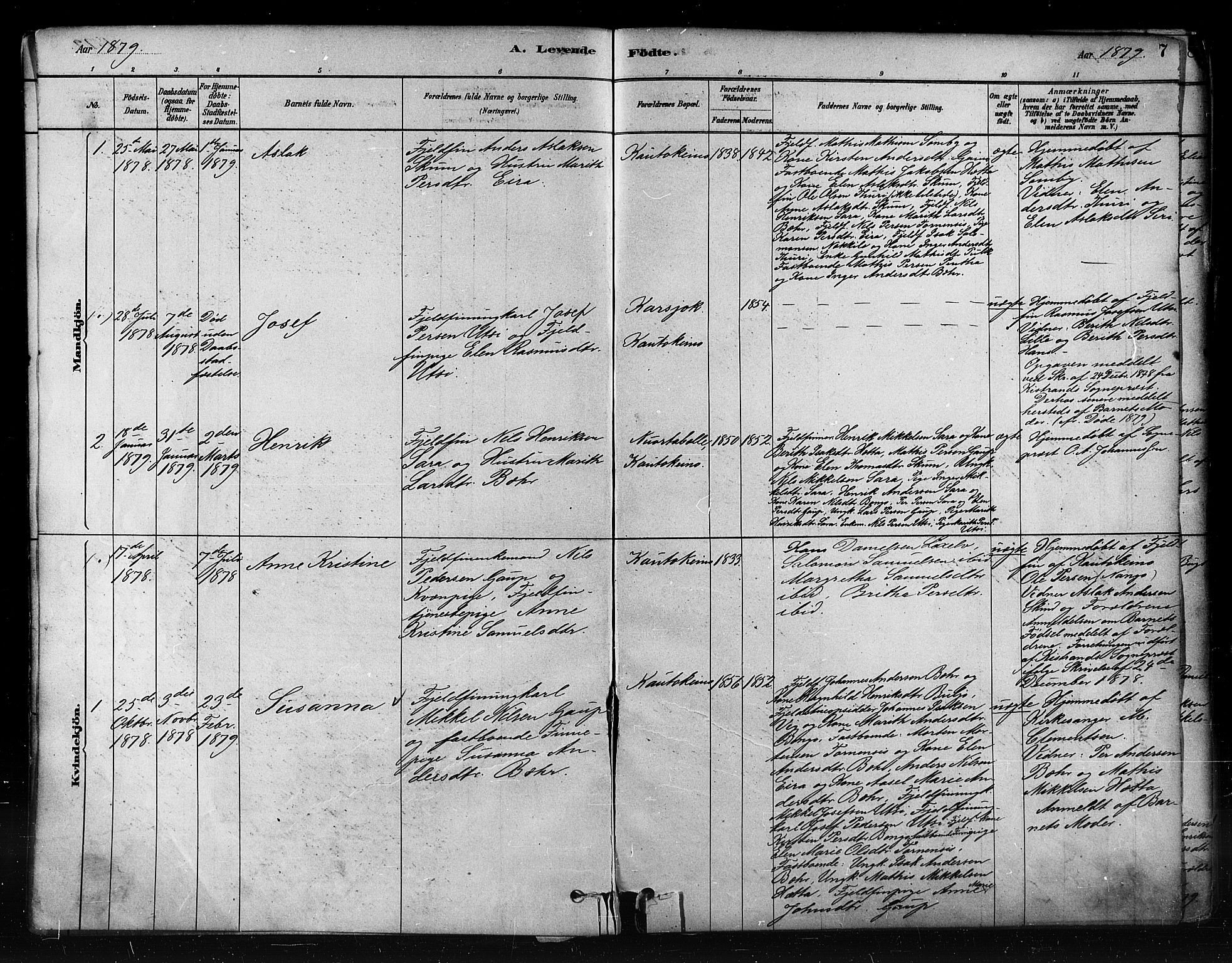 Kautokeino sokneprestembete, AV/SATØ-S-1340/H/Ha/L0004.kirke: Parish register (official) no. 4, 1877-1896, p. 7