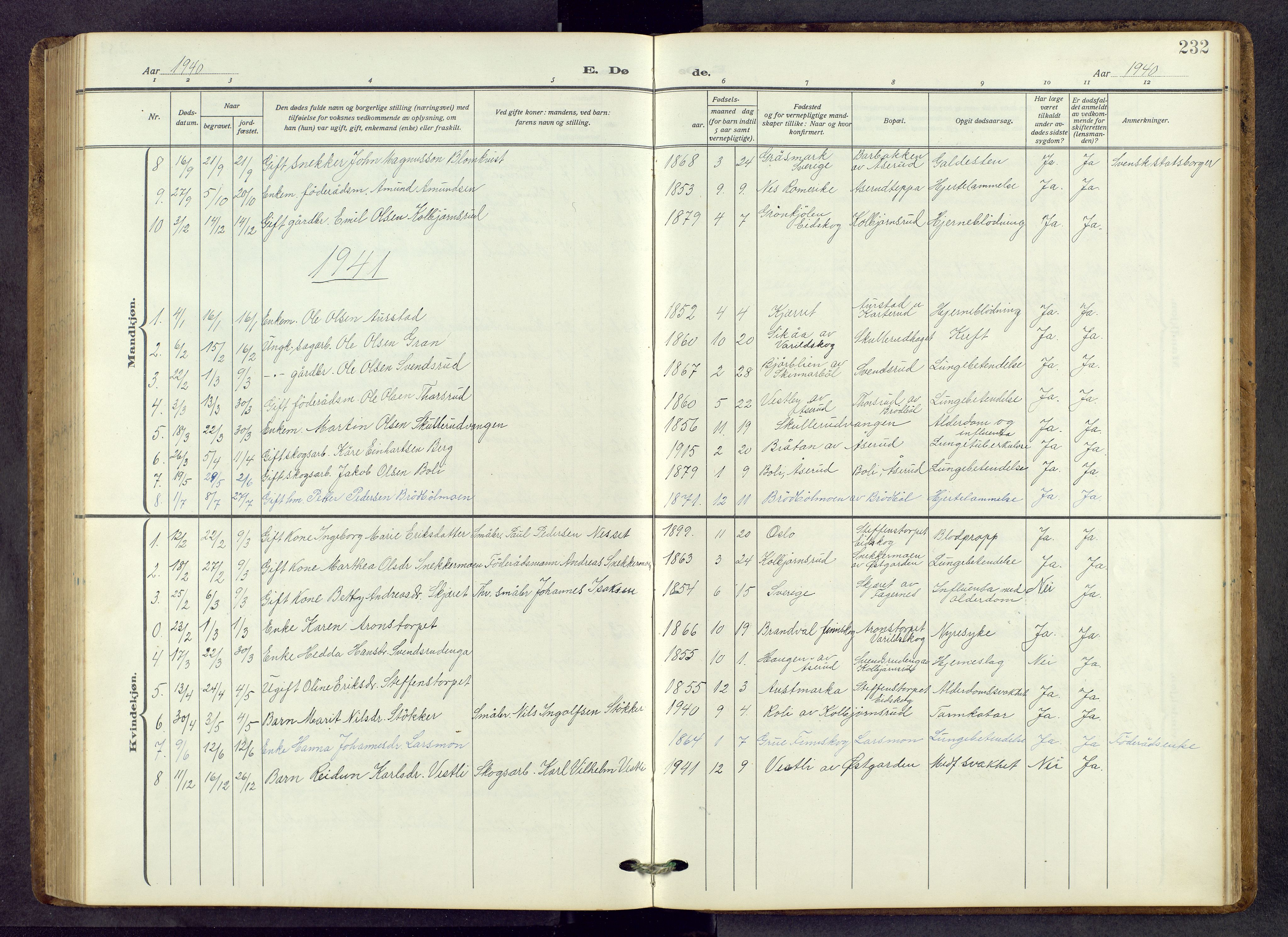 Vinger prestekontor, AV/SAH-PREST-024/H/Ha/Hab/L0006: Parish register (copy) no. 6, 1921-1973, p. 232