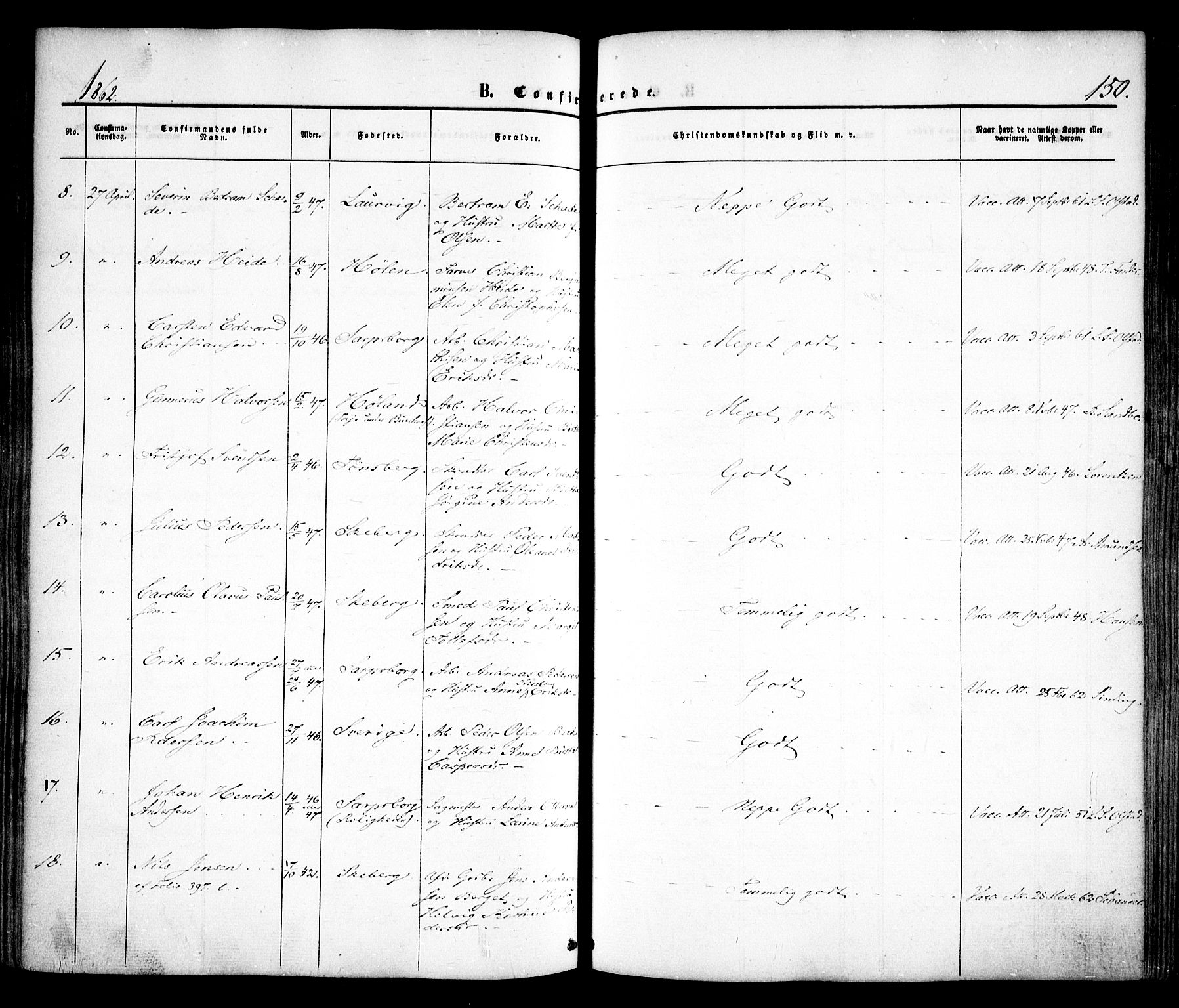 Sarpsborg prestekontor Kirkebøker, SAO/A-2006/F/Fa/L0001: Parish register (official) no. 1, 1859-1868, p. 150