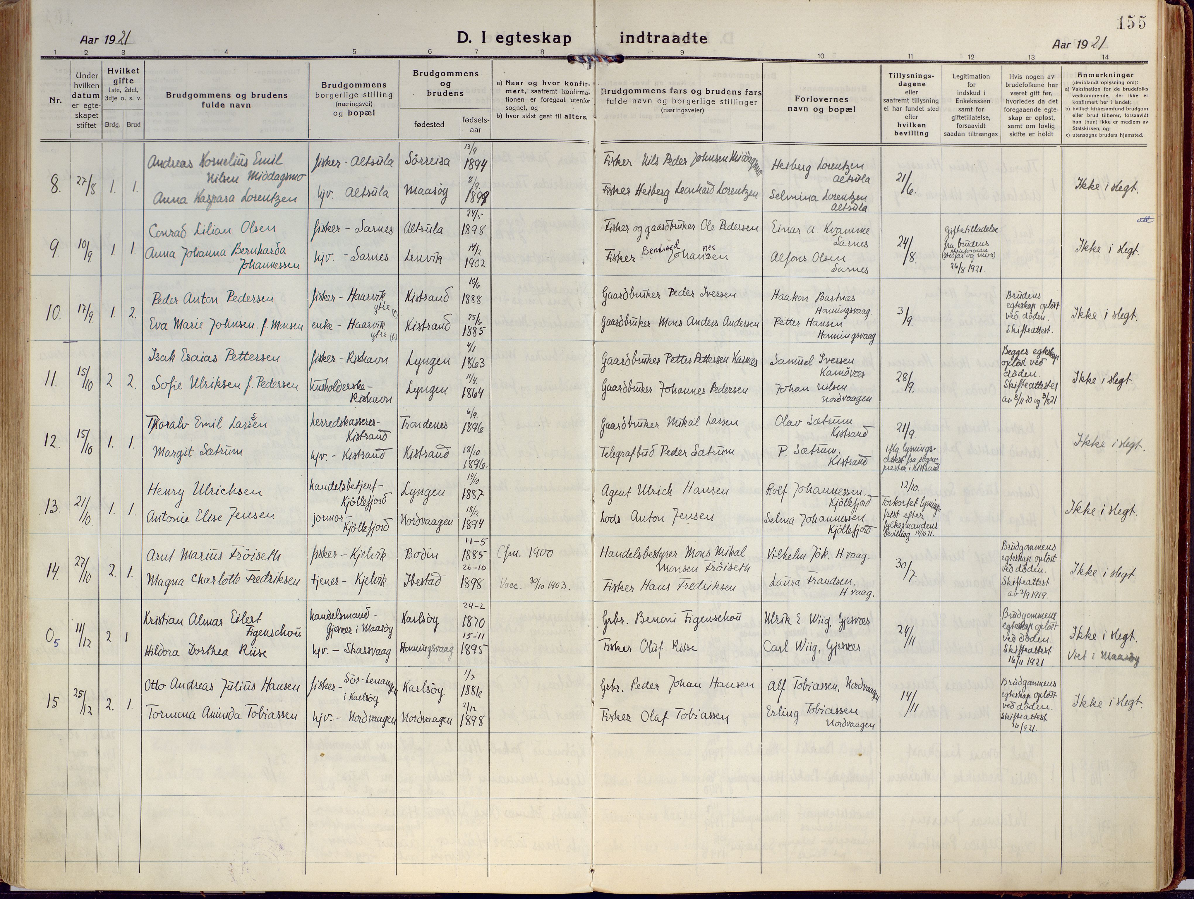 Kjelvik/Nordkapp sokneprestkontor, SATØ/S-1350/H/Ha/L0002kirke: Parish register (official) no. 2, 1920-1929, p. 155