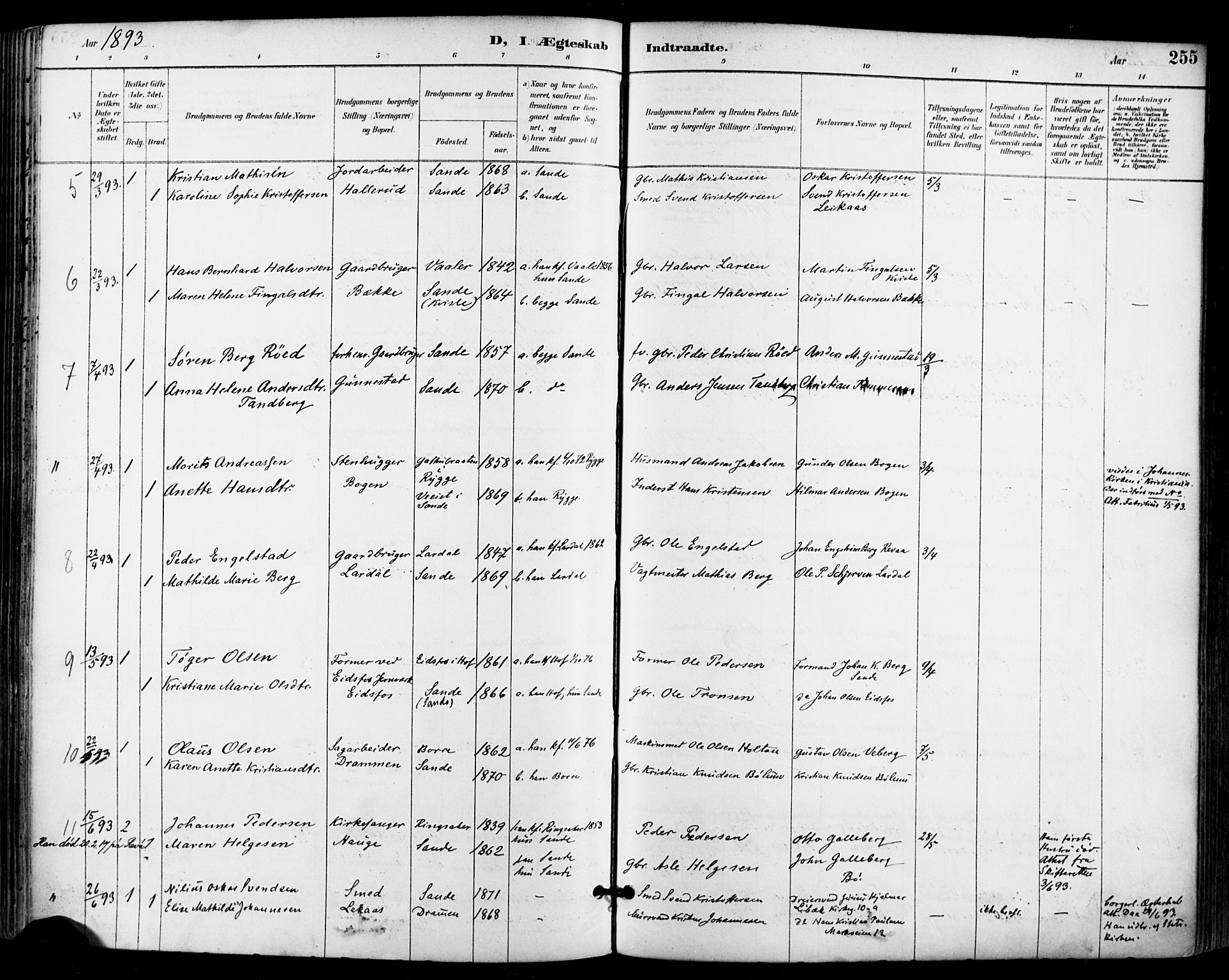 Sande Kirkebøker, AV/SAKO-A-53/F/Fa/L0007: Parish register (official) no. 7, 1888-1903, p. 255