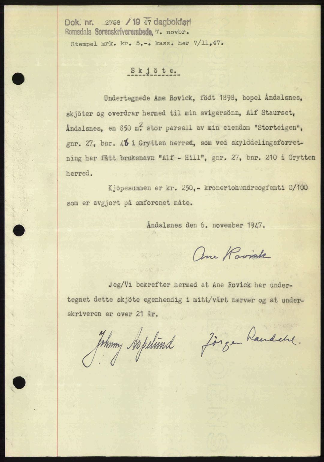Romsdal sorenskriveri, SAT/A-4149/1/2/2C: Mortgage book no. A24, 1947-1947, Diary no: : 2758/1947