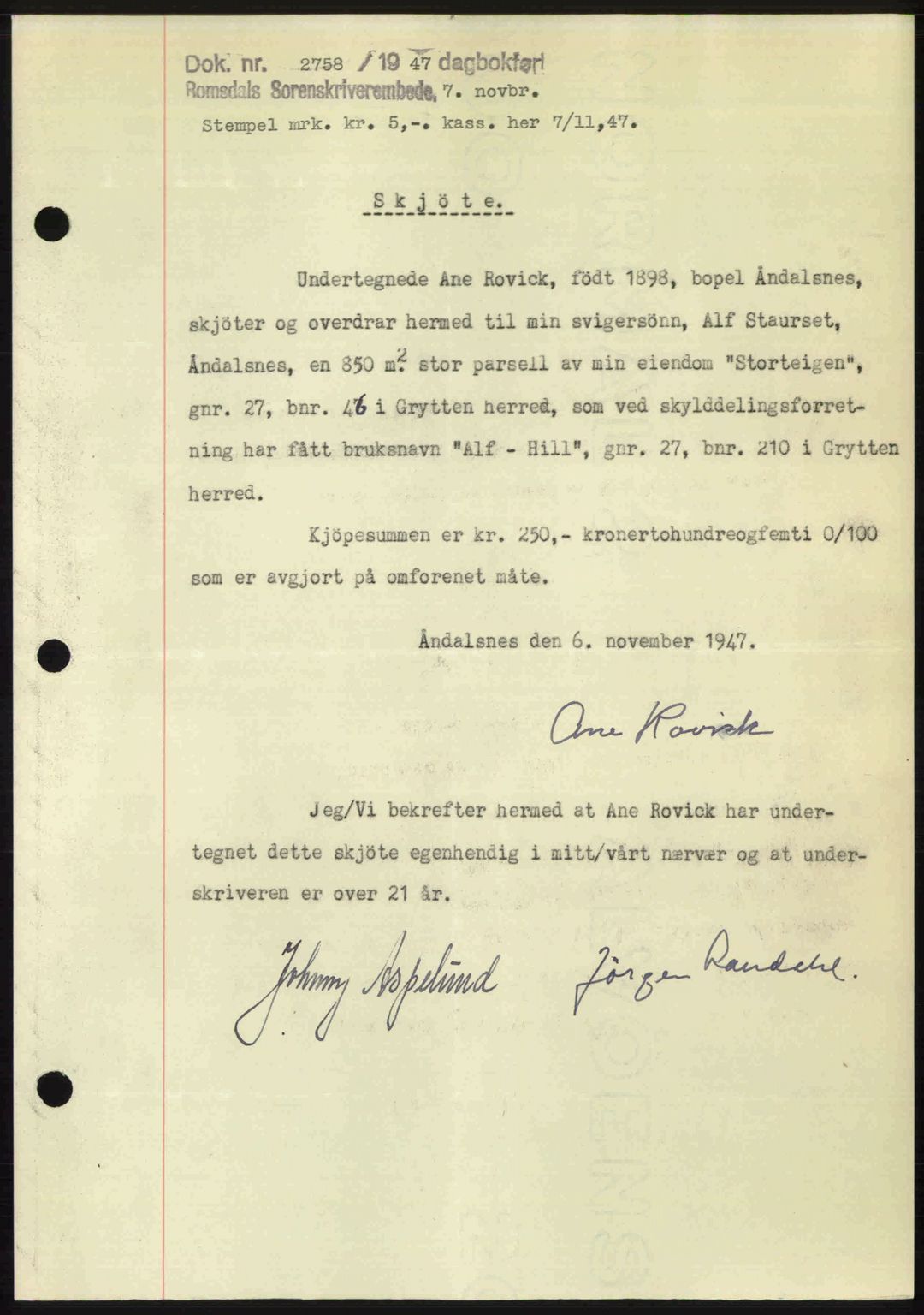 Romsdal sorenskriveri, AV/SAT-A-4149/1/2/2C: Mortgage book no. A24, 1947-1947, Diary no: : 2758/1947
