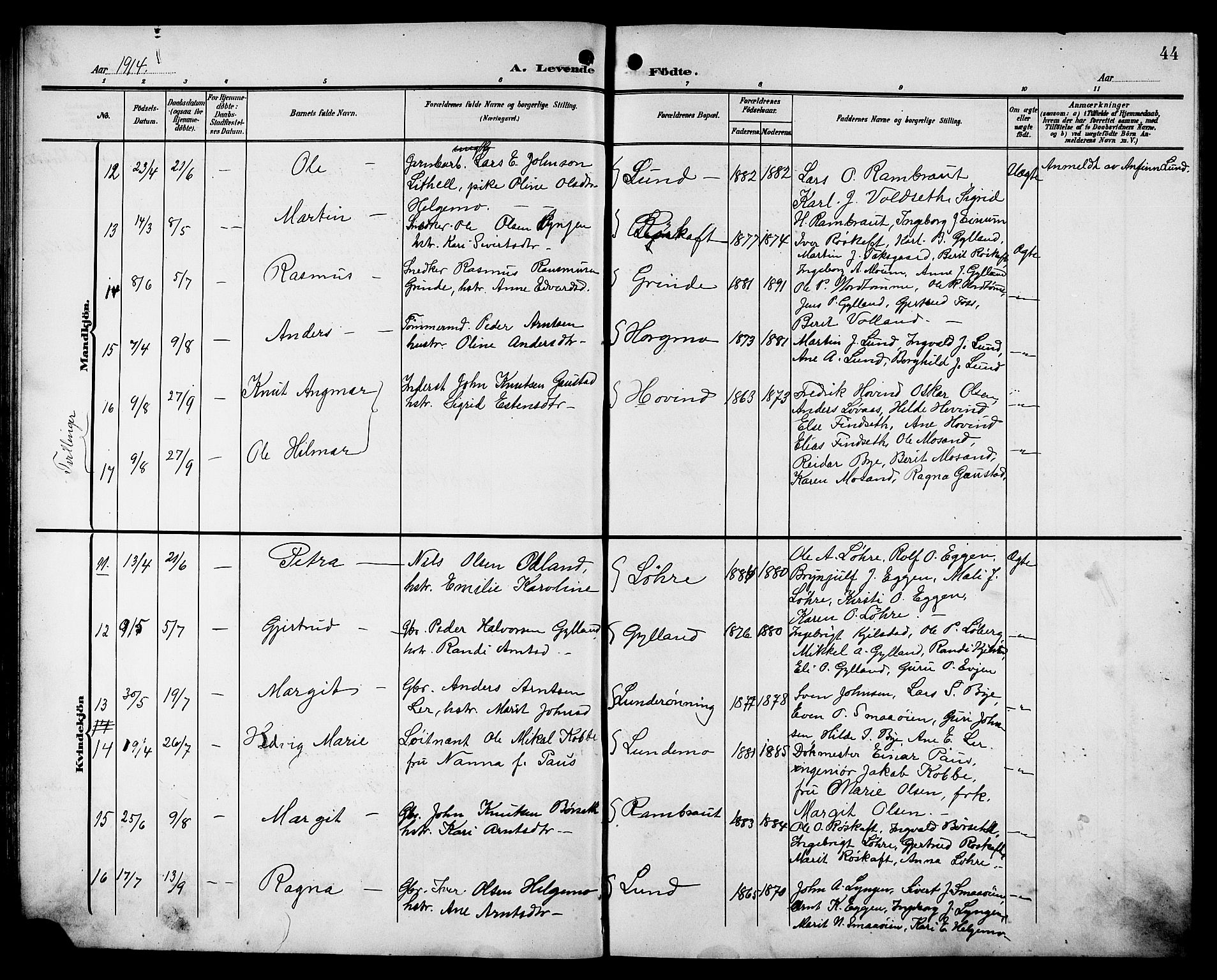 Ministerialprotokoller, klokkerbøker og fødselsregistre - Sør-Trøndelag, SAT/A-1456/692/L1112: Parish register (copy) no. 692C07, 1904-1918, p. 44