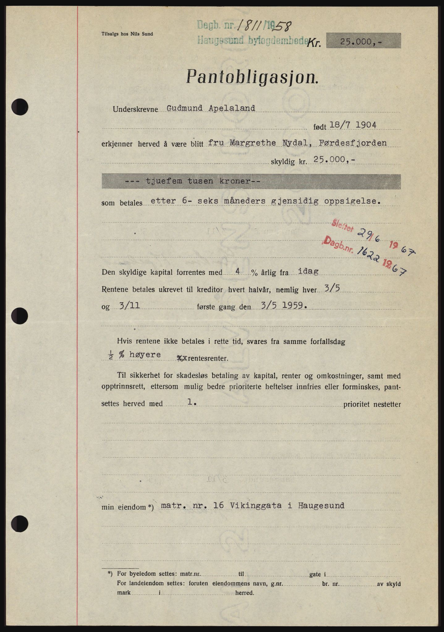 Haugesund tingrett, SAST/A-101415/01/II/IIC/L0044: Mortgage book no. B 44, 1958-1959, Diary no: : 1811/1958