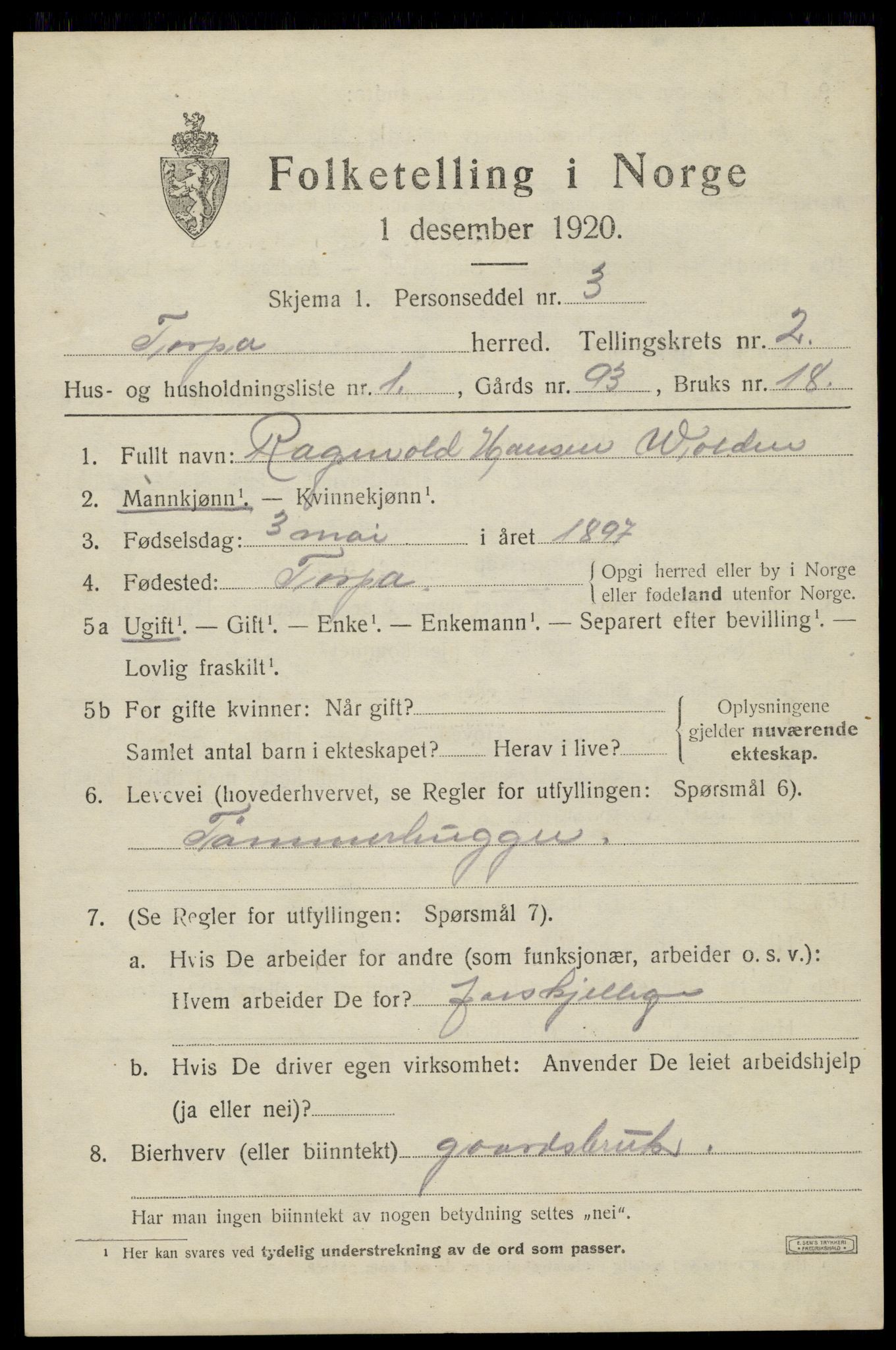 SAH, 1920 census for Torpa, 1920, p. 1663