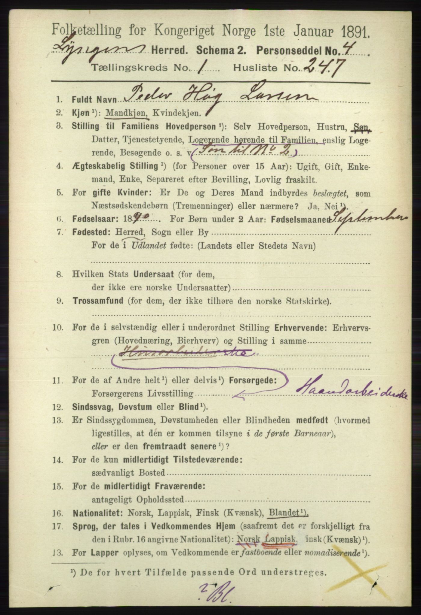 RA, 1891 census for 1938 Lyngen, 1891, p. 1920