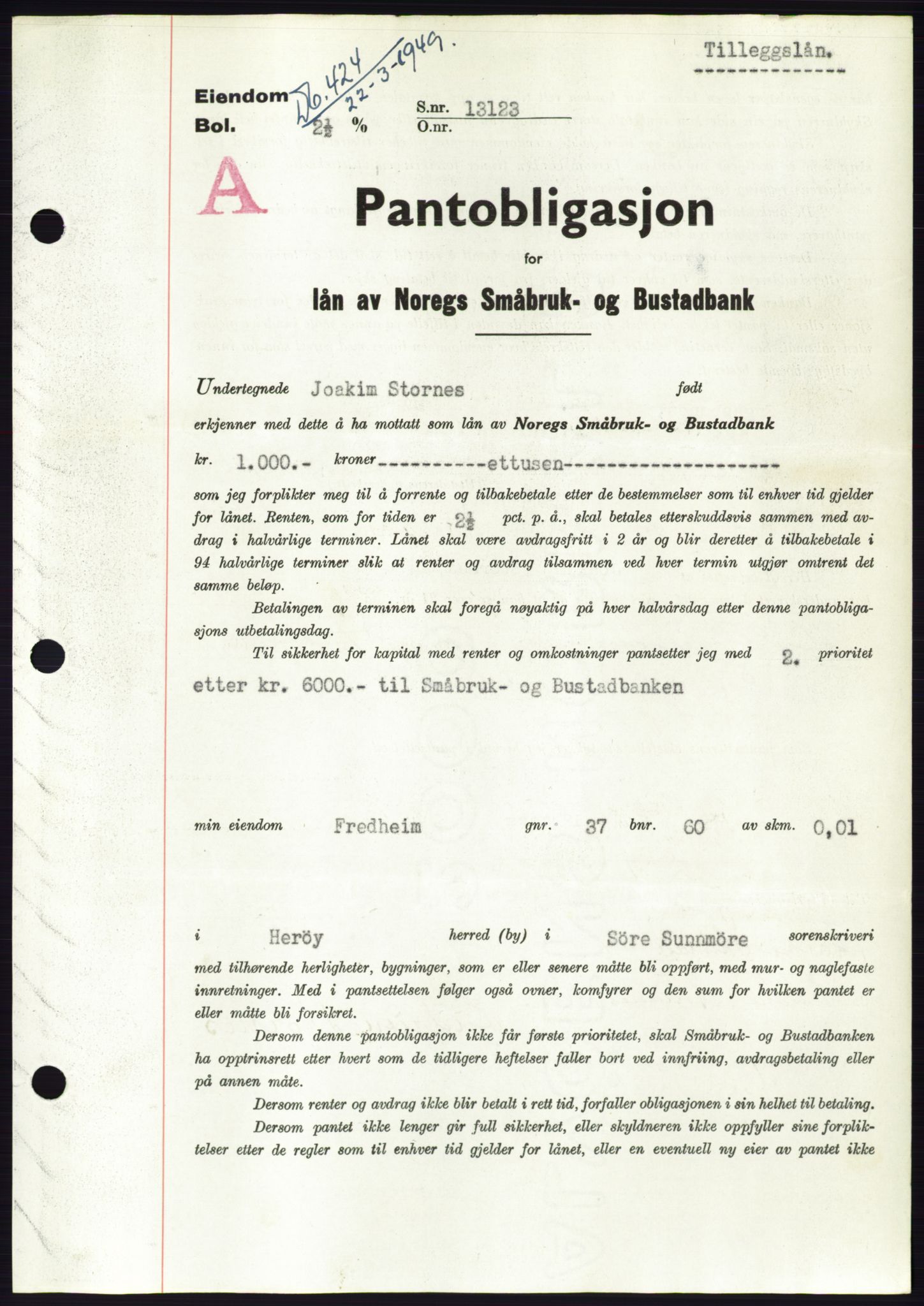 Søre Sunnmøre sorenskriveri, AV/SAT-A-4122/1/2/2C/L0116: Mortgage book no. 4B, 1948-1949, Diary no: : 424/1949