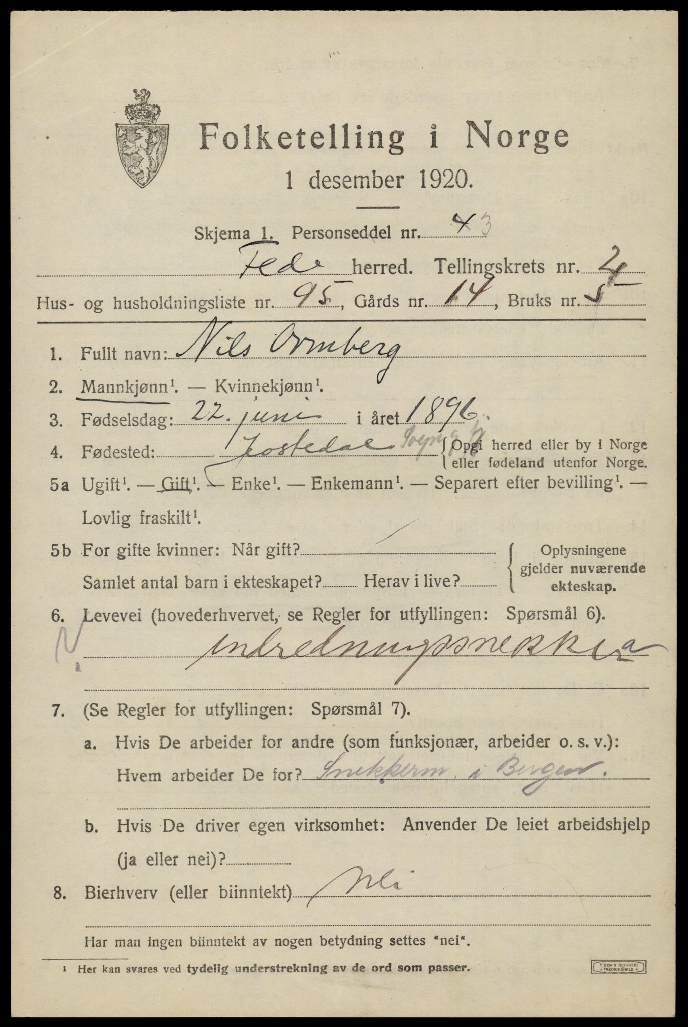 SAK, 1920 census for Feda, 1920, p. 1707