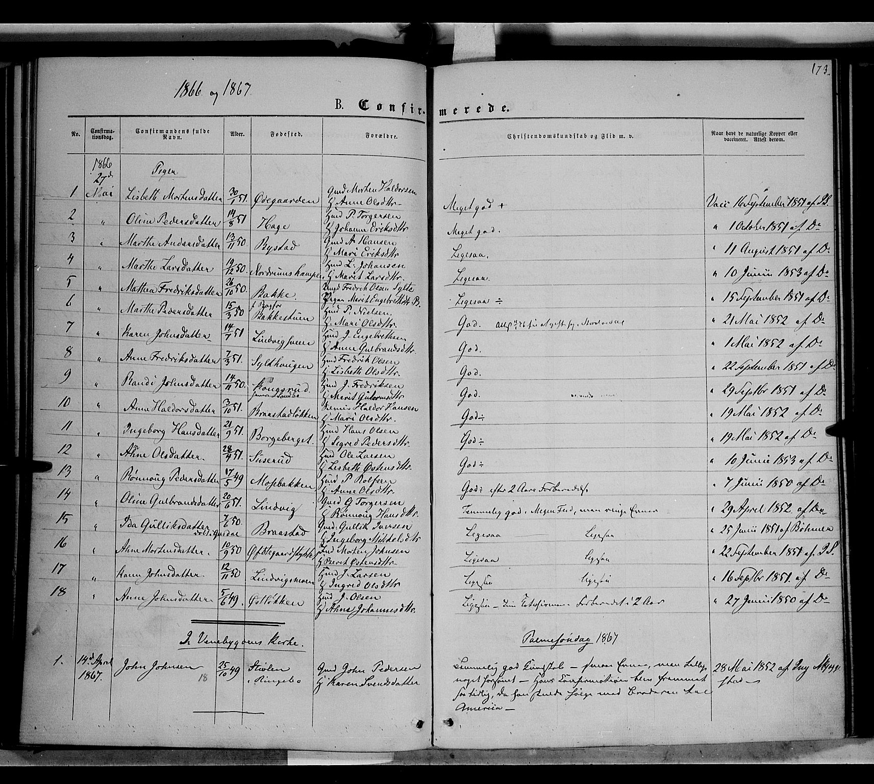 Ringebu prestekontor, SAH/PREST-082/H/Ha/Haa/L0007: Parish register (official) no. 7, 1860-1877, p. 173