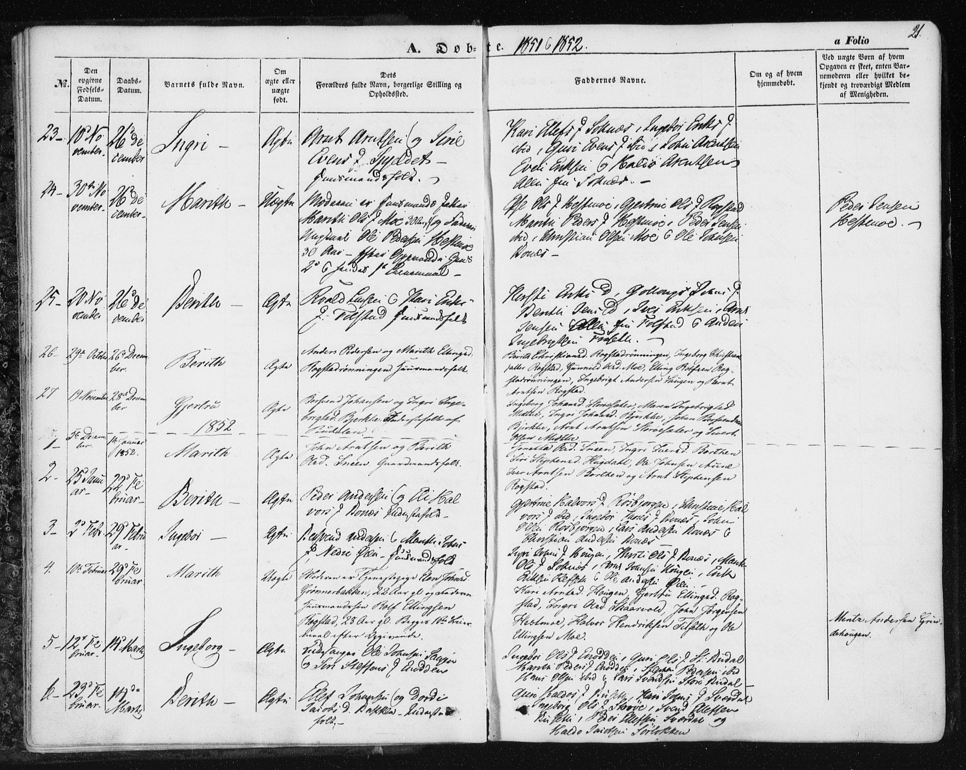 Ministerialprotokoller, klokkerbøker og fødselsregistre - Sør-Trøndelag, SAT/A-1456/687/L1000: Parish register (official) no. 687A06, 1848-1869, p. 21