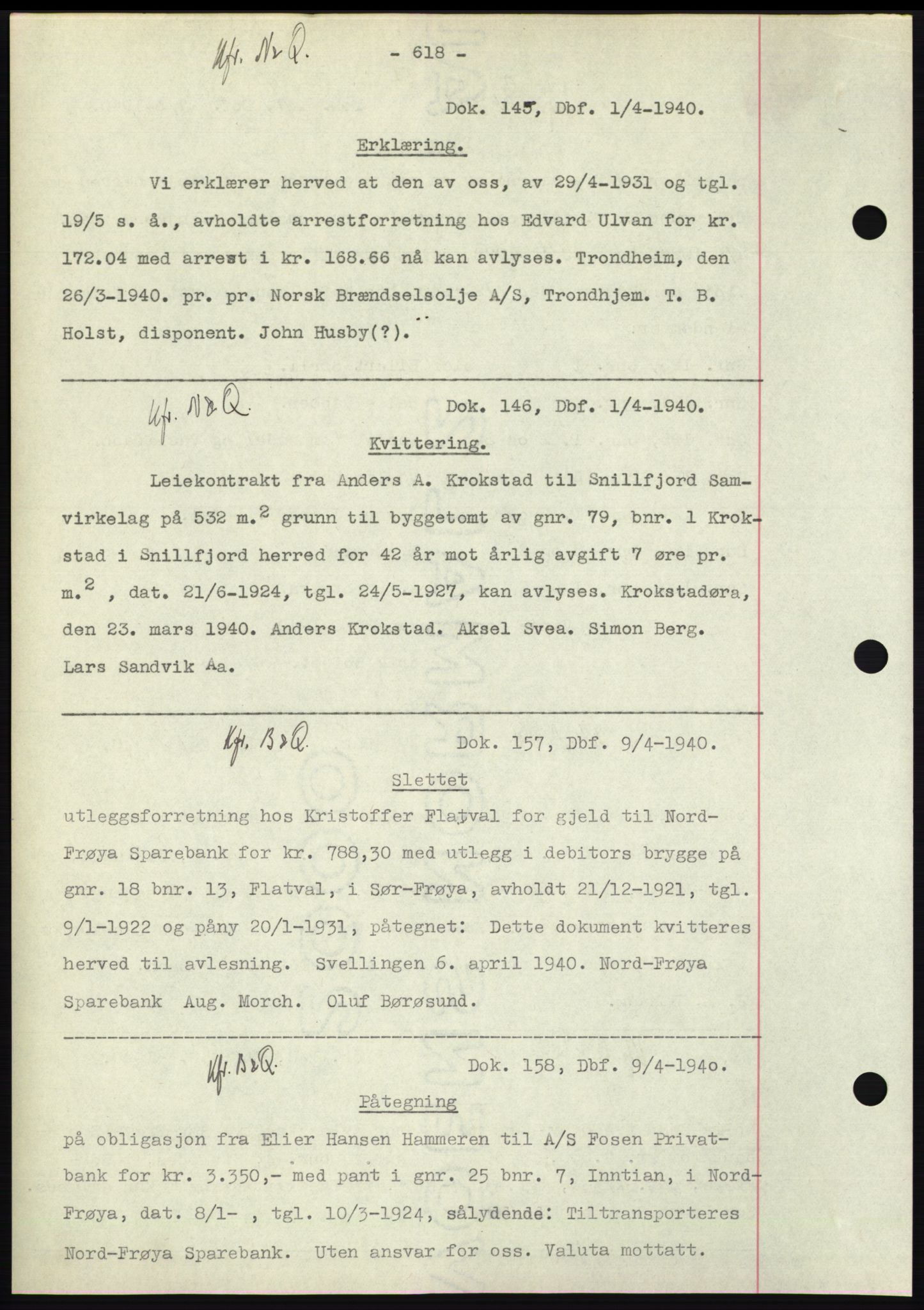 Hitra sorenskriveri, AV/SAT-A-0018/2/2C/2Ca: Mortgage book no. C1, 1936-1945, Diary no: : 145/1940