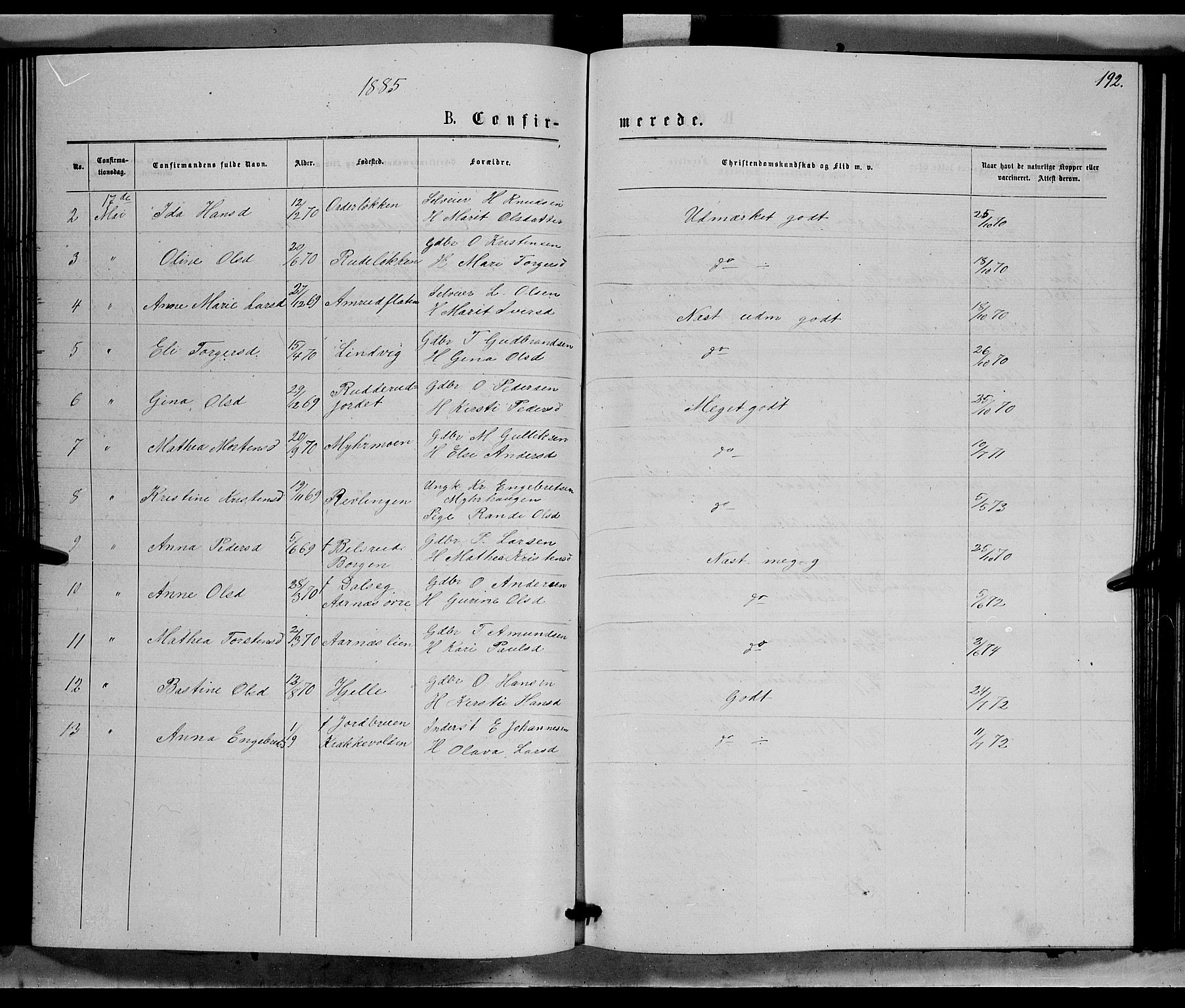 Ringebu prestekontor, SAH/PREST-082/H/Ha/Hab/L0006: Parish register (copy) no. 6, 1880-1898, p. 192