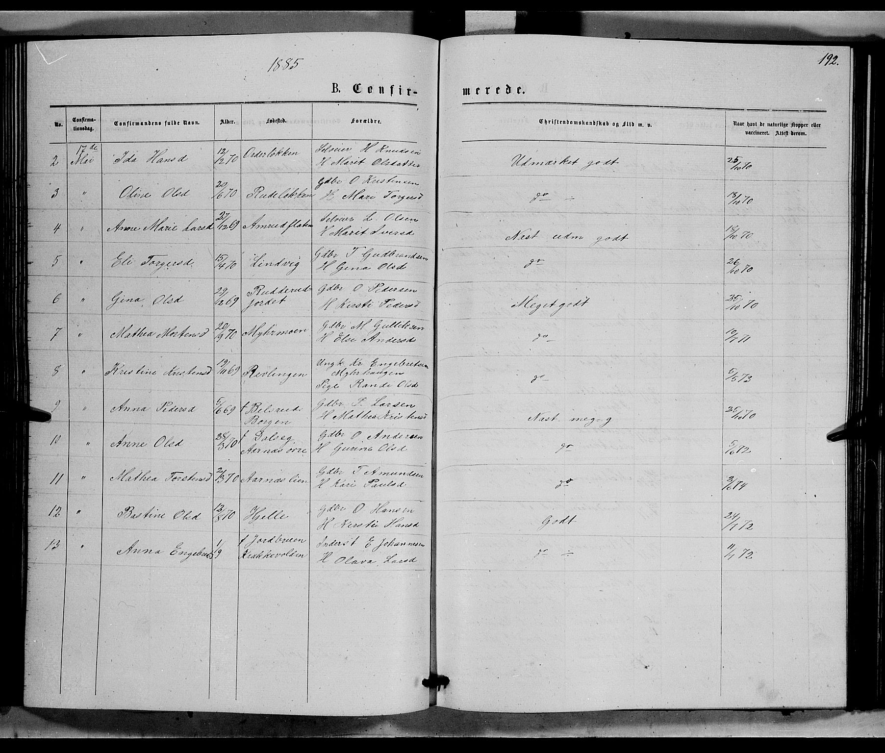 Ringebu prestekontor, AV/SAH-PREST-082/H/Ha/Hab/L0006: Parish register (copy) no. 6, 1880-1898, p. 192