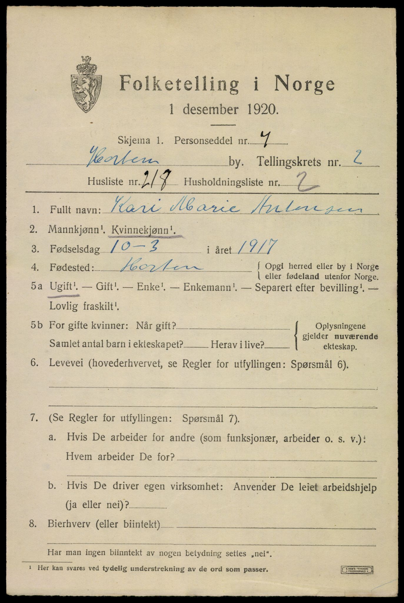 SAKO, 1920 census for Horten, 1920, p. 13443